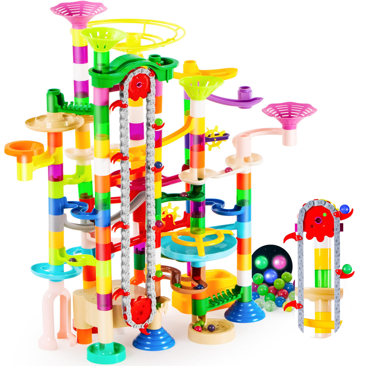 JOYIN marble run with motorized elevator—front view, colorful tracks for immersive play