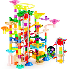 JOYIN marble run with motorized elevator—front view, colorful tracks for immersive play