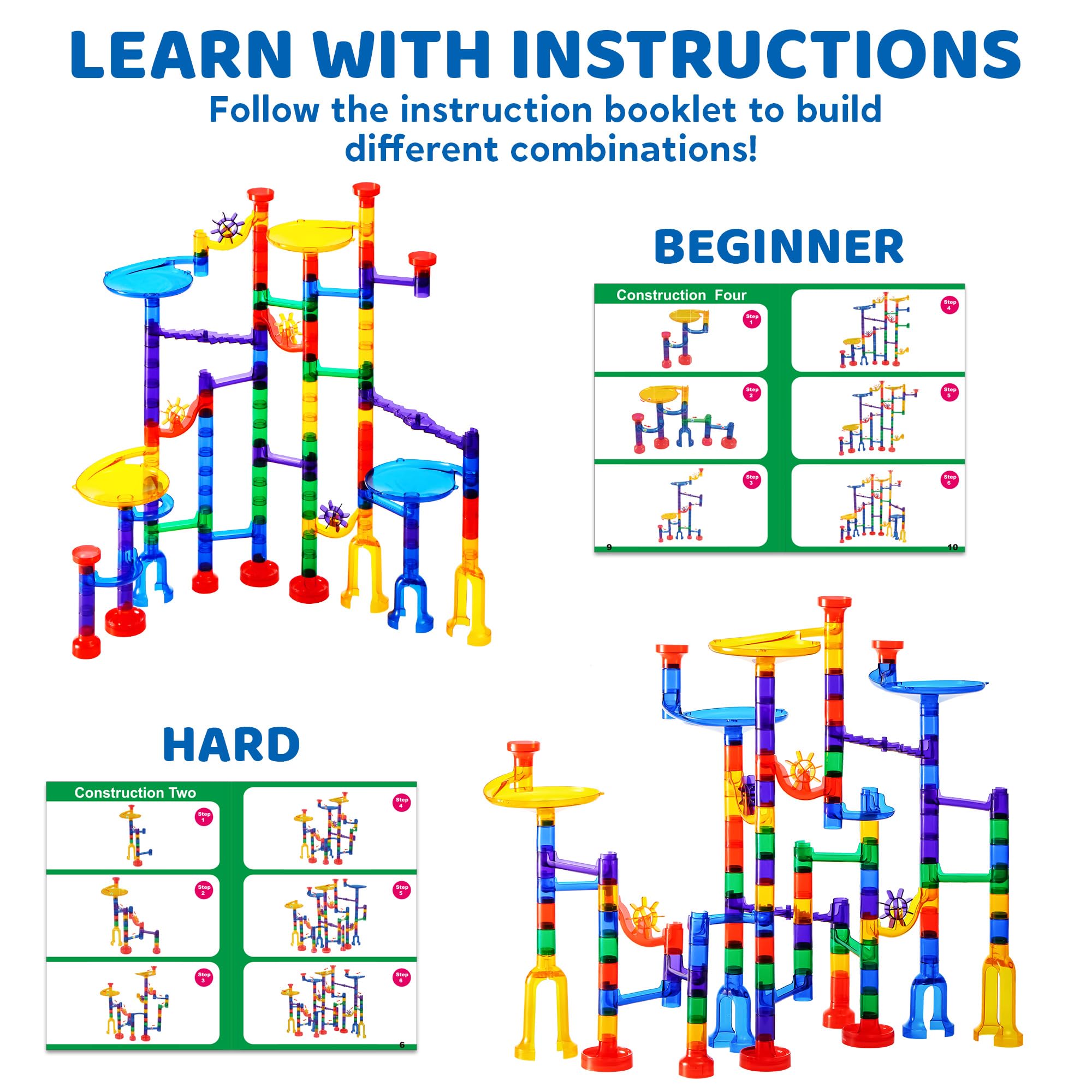 JOYIN glowing marble run set clear tracks show how pieces connect.