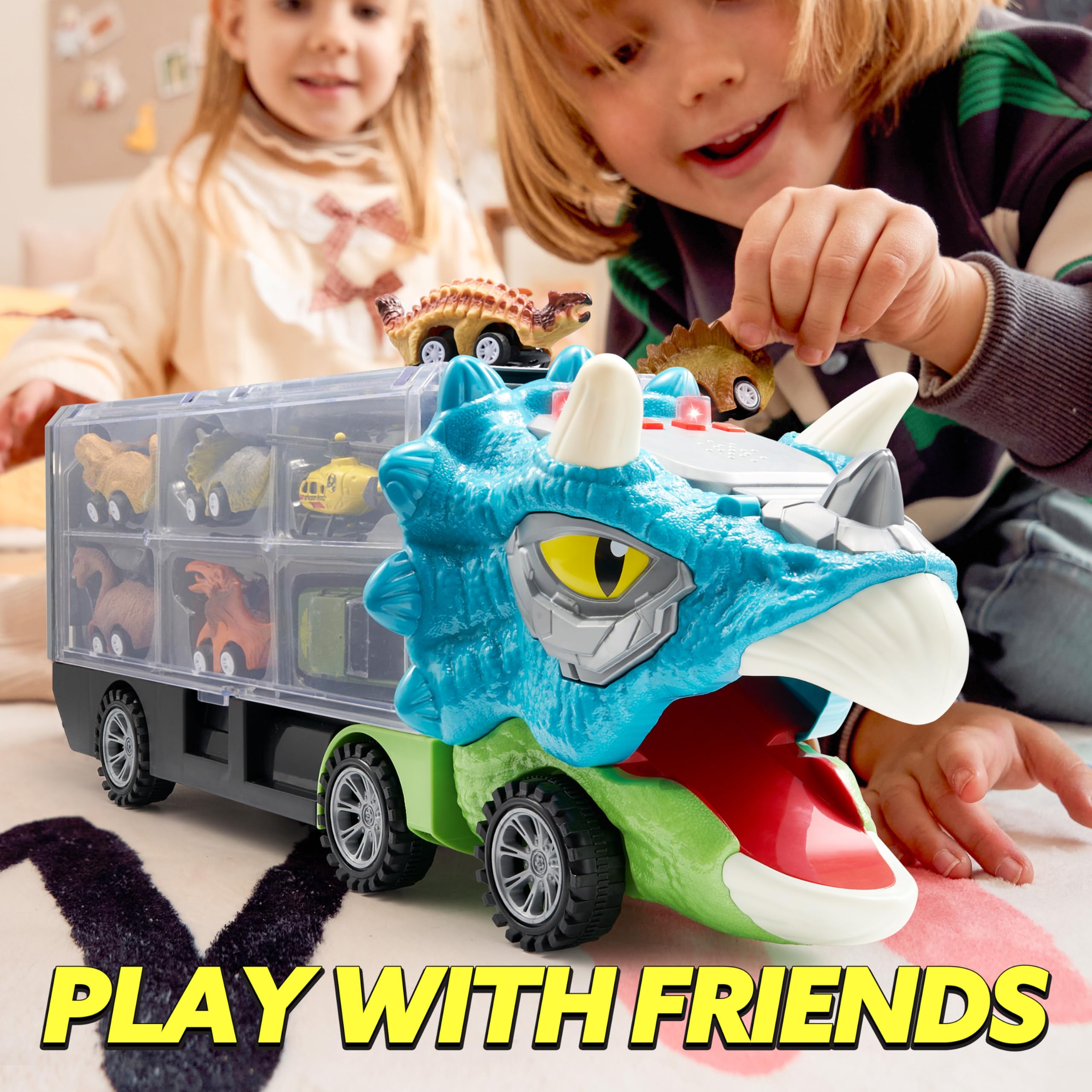 Joyin mini dinosaur cars fit inside carrier, promoting organization and storytelling.