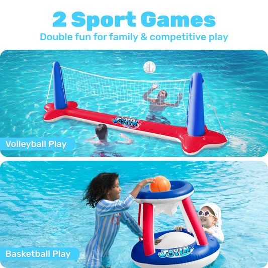JOYIN inflatable basketball hoop installed for casual poolside shooting.