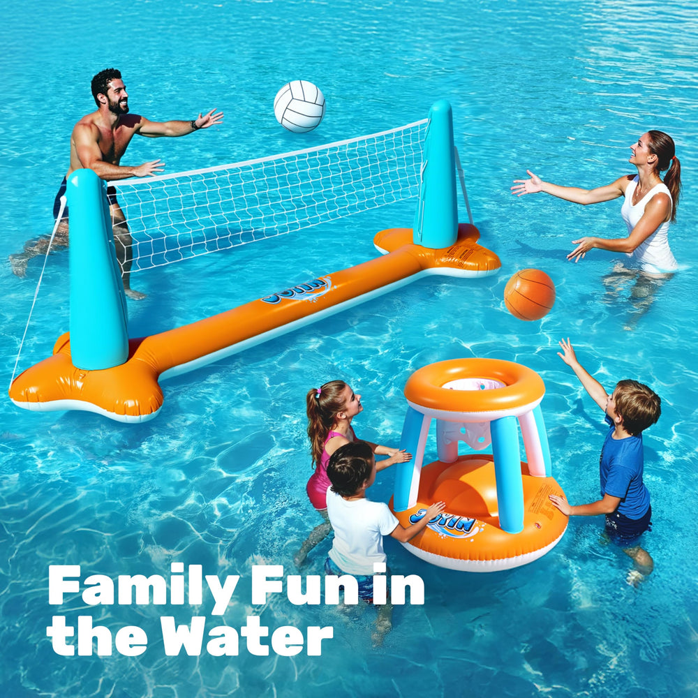 JOYIN inflatable basketball hoops set up near the pool for practice and fun
