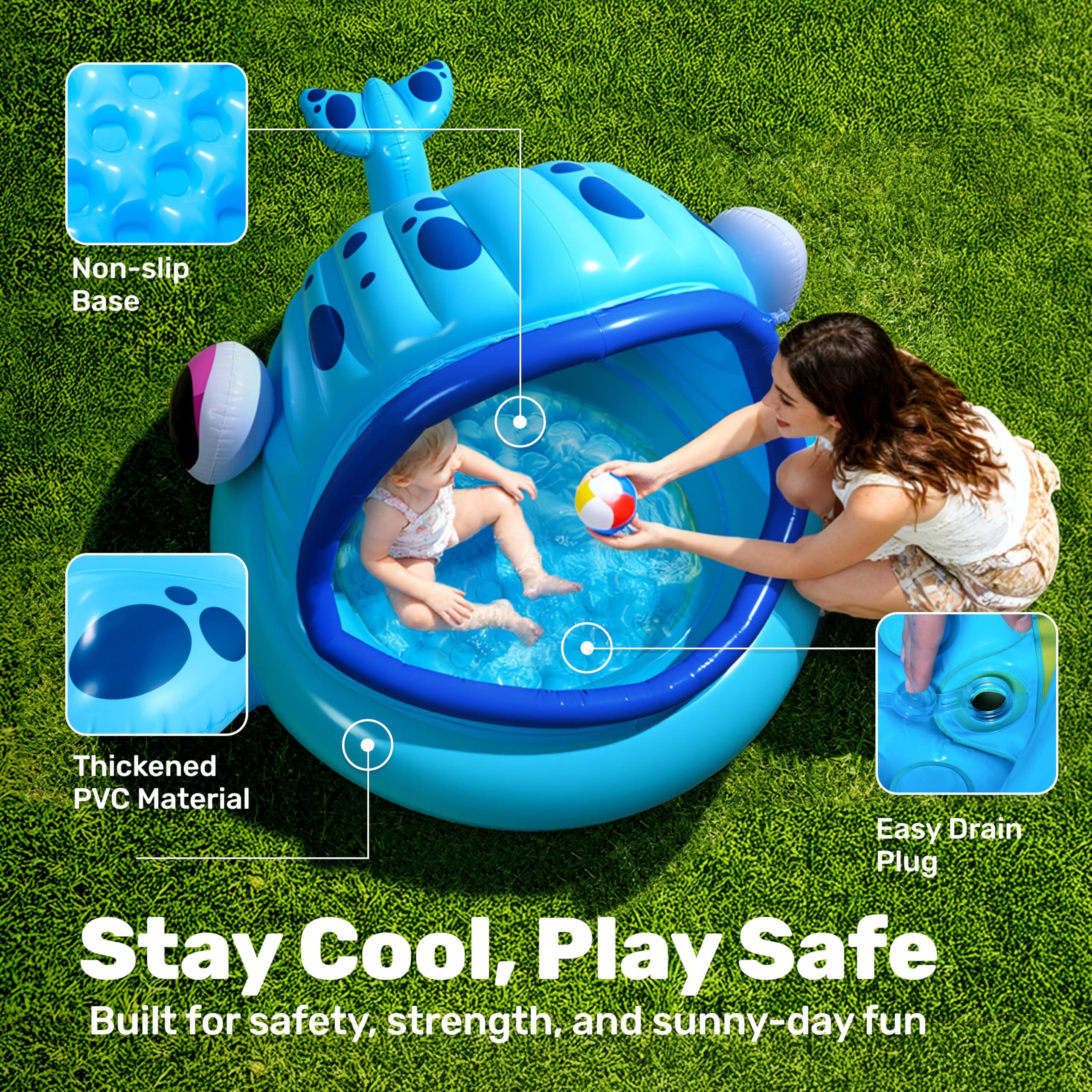 JOYIN inflatable kiddie pool with whale design and sun shade for comfort.
