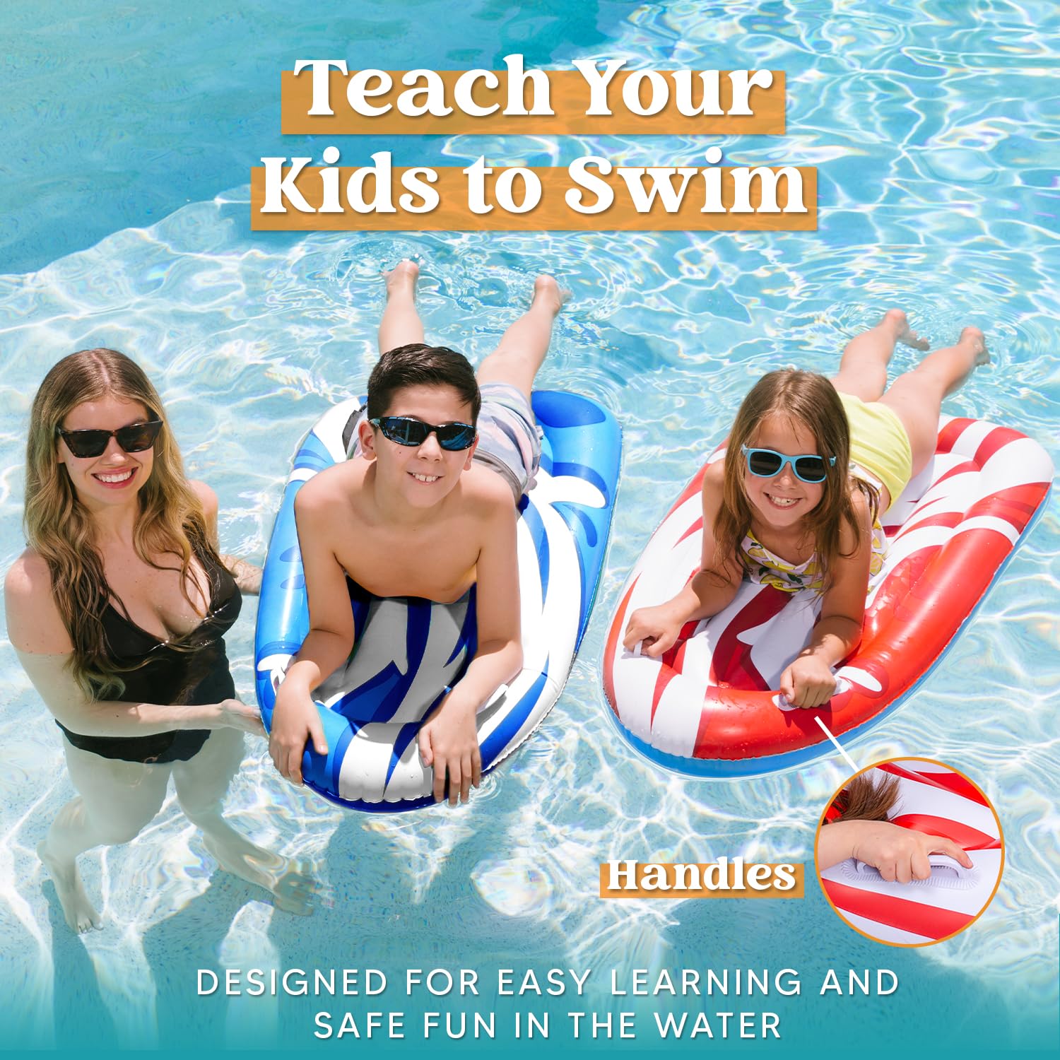 JOYIN inflatable pool float with kids seated, supports balance during learn-to-swim sessions