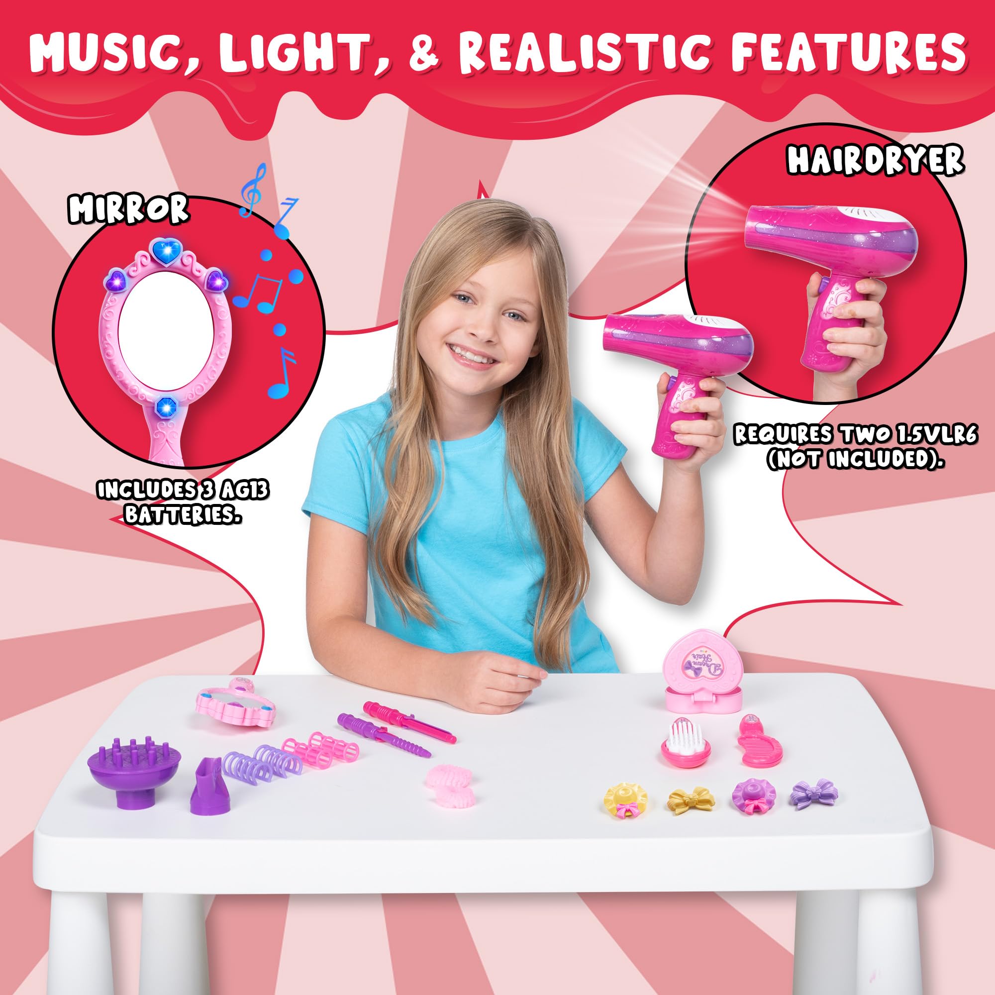JOYIN Interactive pink beauty mirror adds sound and reflection for authentic salon play.
