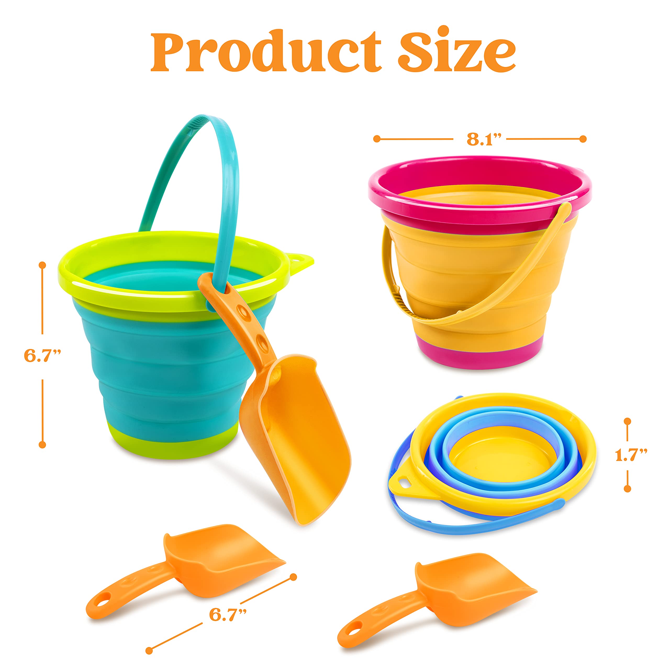 Children playing with JOYIN pails on a sunny beach.