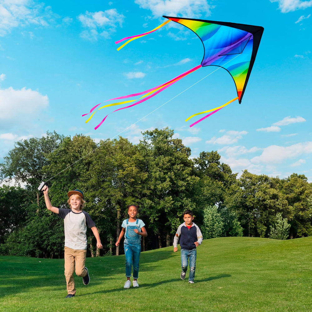 JOYIN gradient rainbow delta kite fabric close-up and tails on