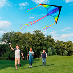 JOYIN gradient rainbow delta kite fabric close-up and tails on