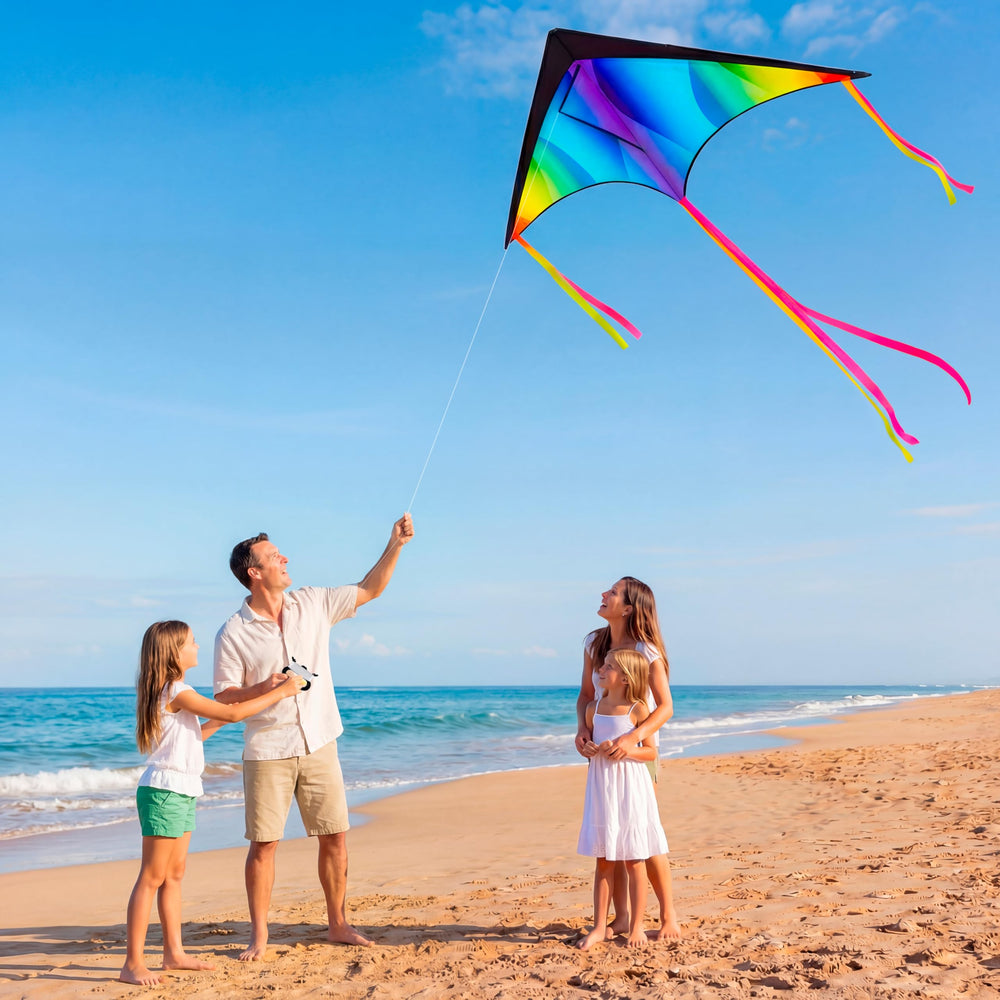 JOYIN large delta kite gradient rainbow airborne over the beach