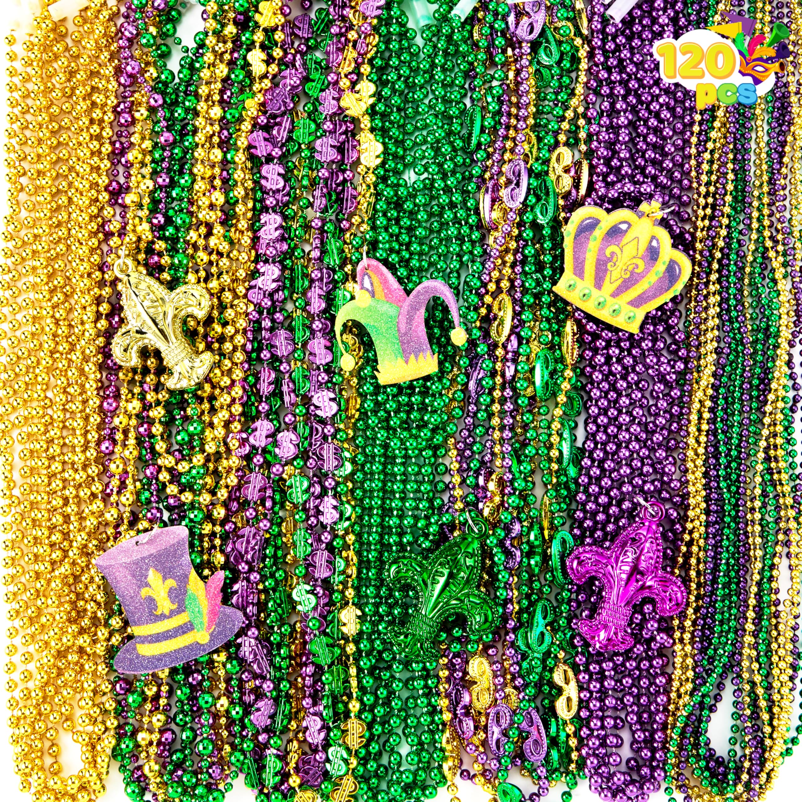 JOYIN Mardi Gras beads with pendants in gold green purple for festive outfits.