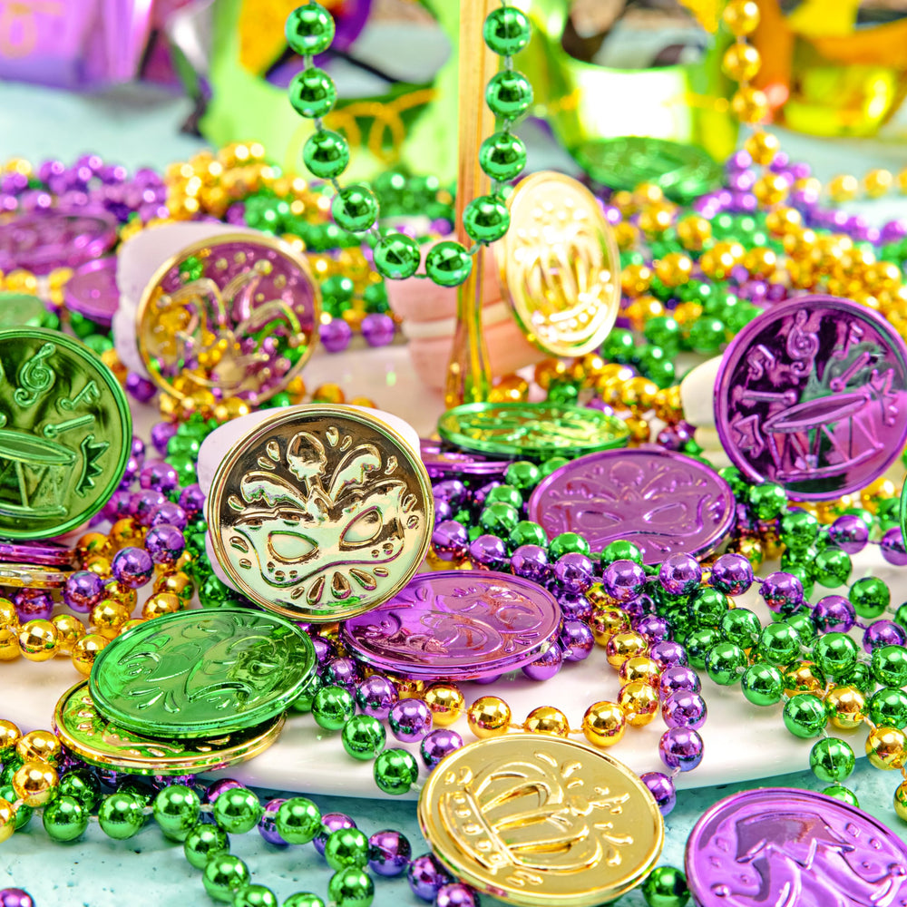 JOYIN Mardi Gras coins decor ideas for tables and games.