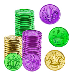 JOYIN Mardi Gras coins bulk pack in gold, green, and purple for festive decorations.