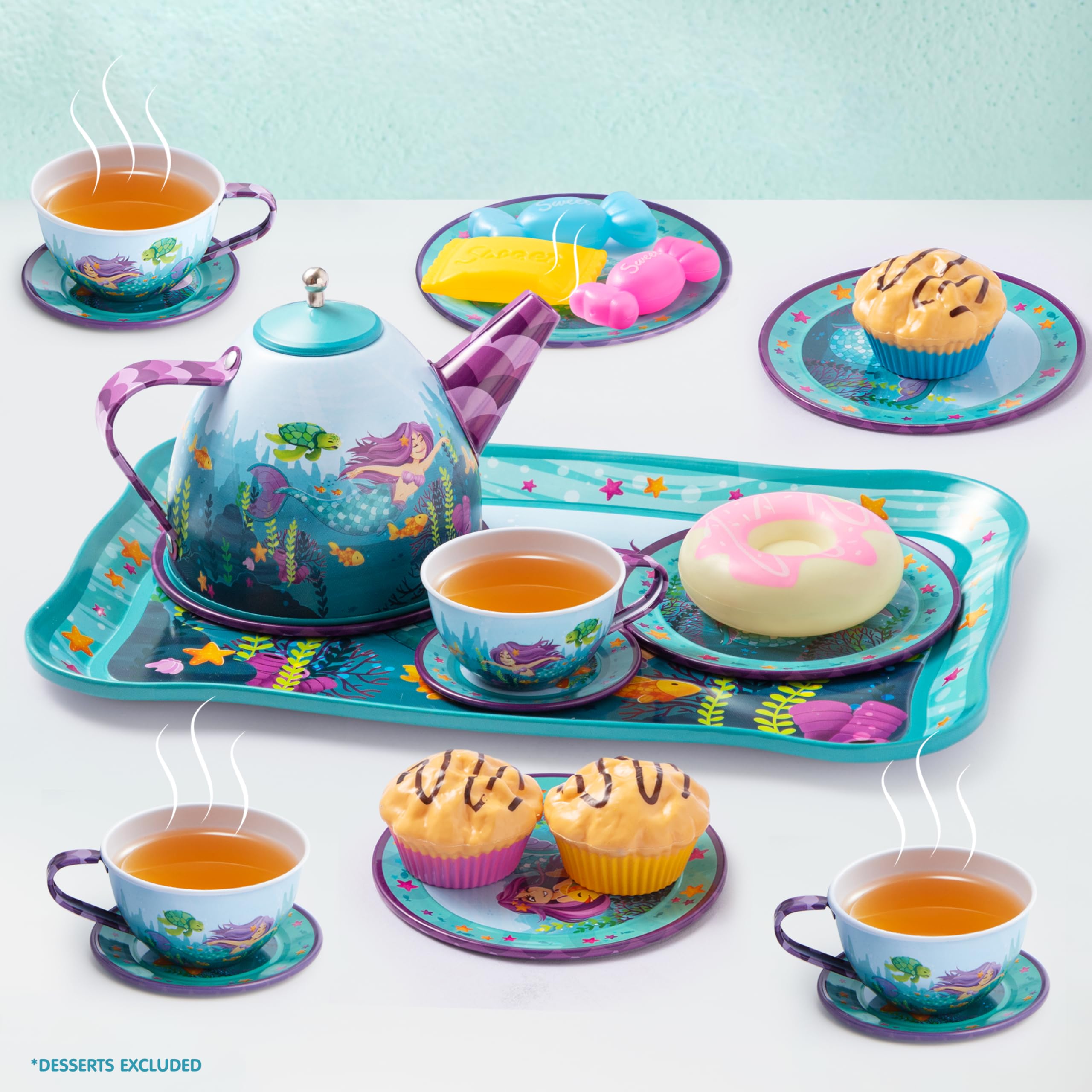 JOYIN Mermaid Tea Party sea creatures decorate the set.