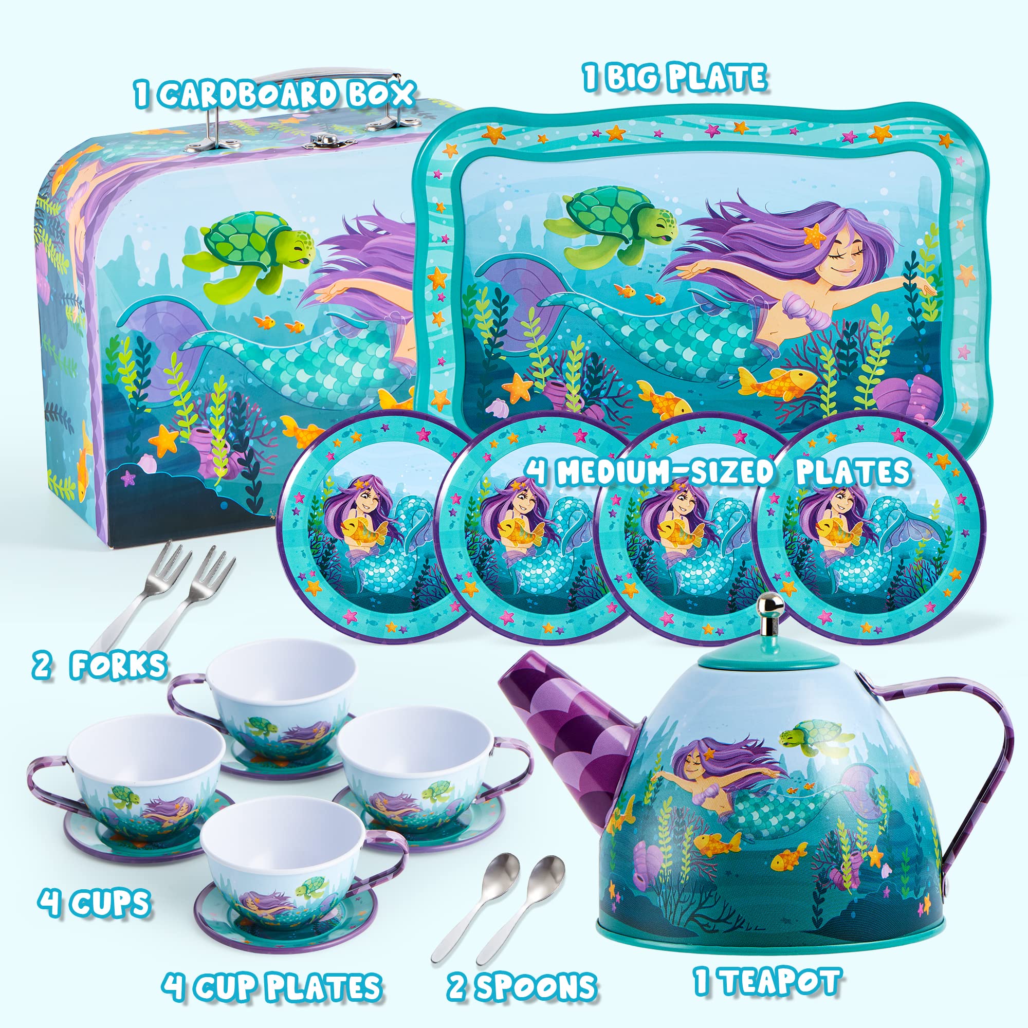 JOYIN Mermaid Tea Set cups with colorful detailing for tiny hosts