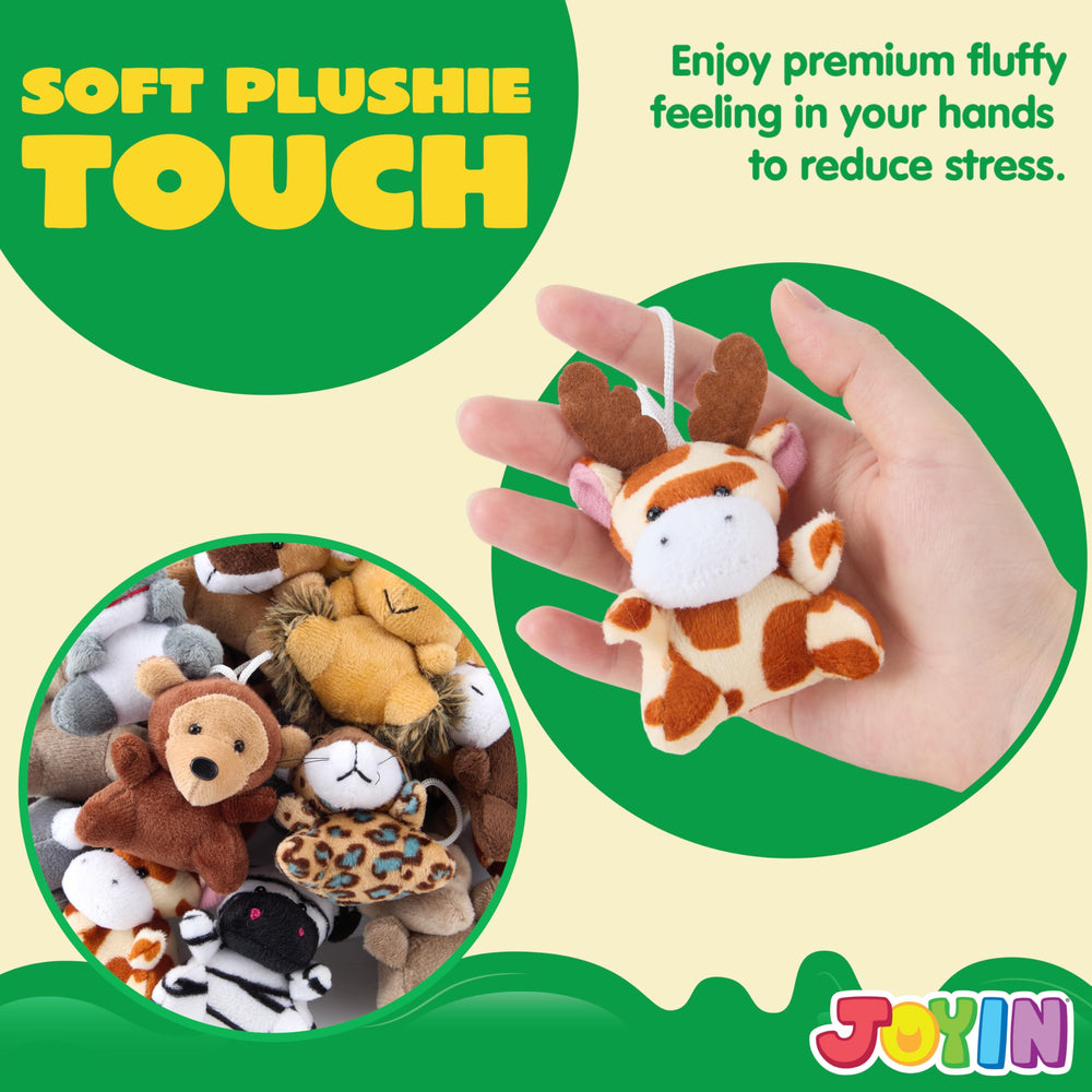 JOYIN mini safari plush set with 12 designs, ideal carnival prizes.