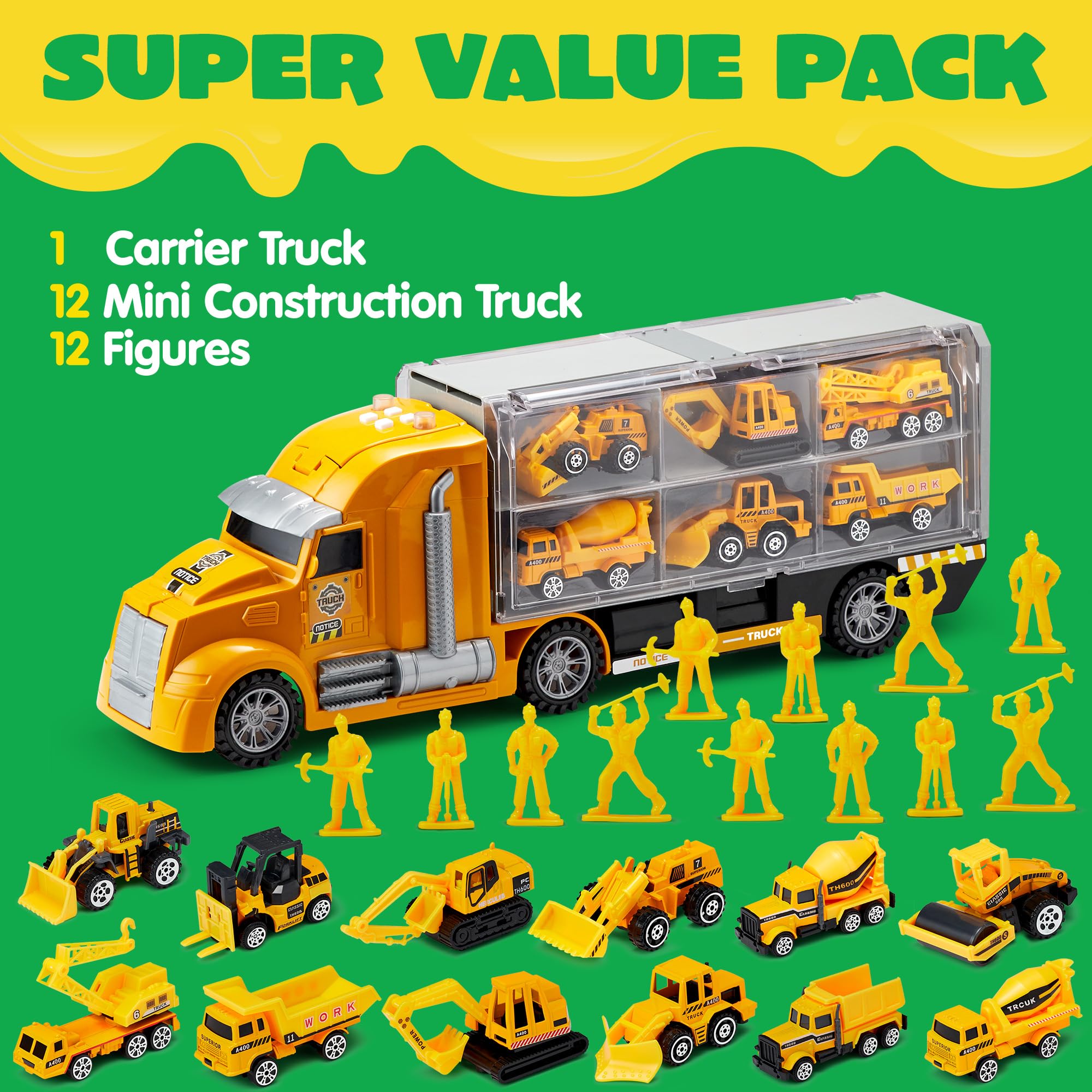 JOYIN mini trucks and excavator close-up highlight durable, kid-friendly grip for steady play.