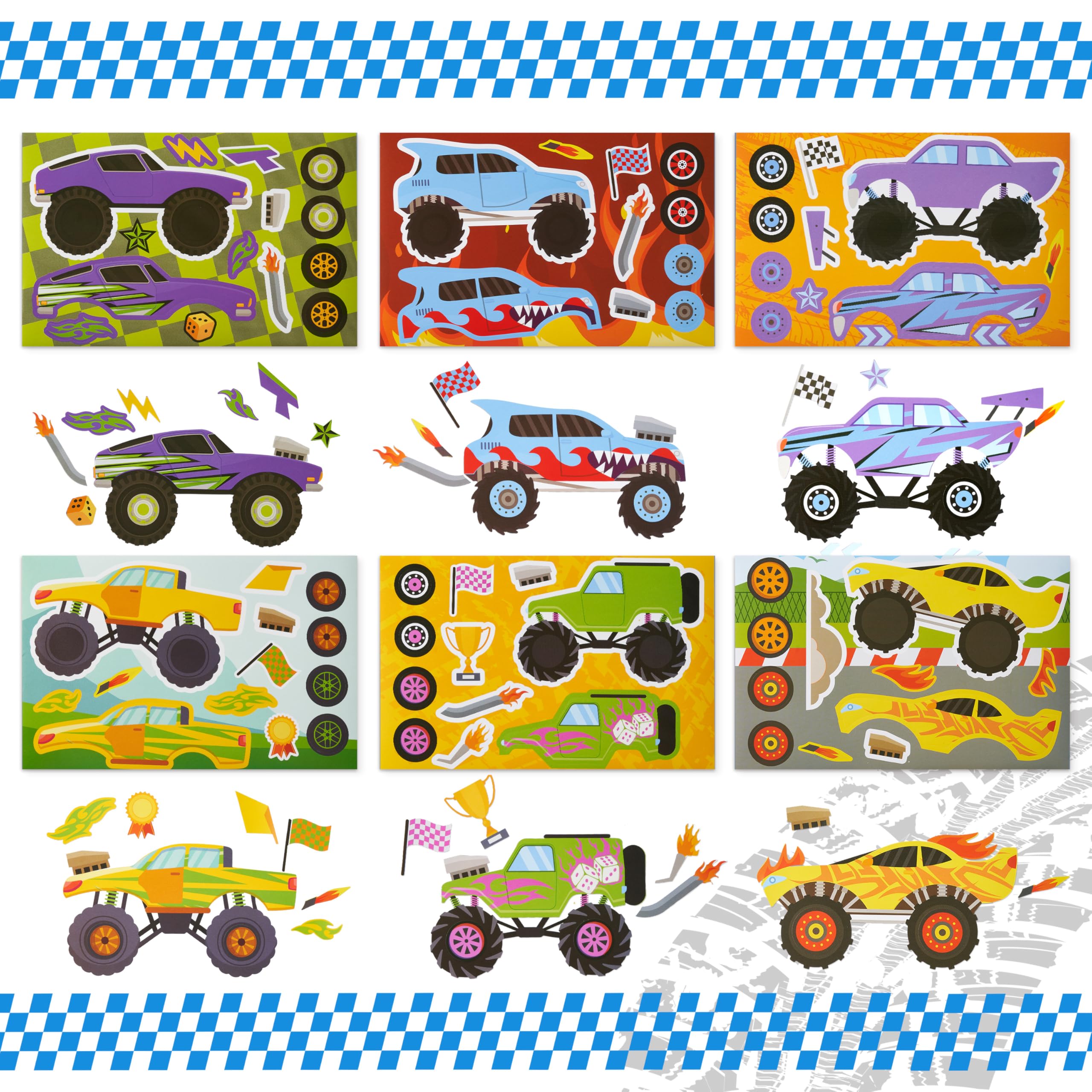 JOYIN Monster-truck faces stickers sheet for energetic party decorations and crafts.