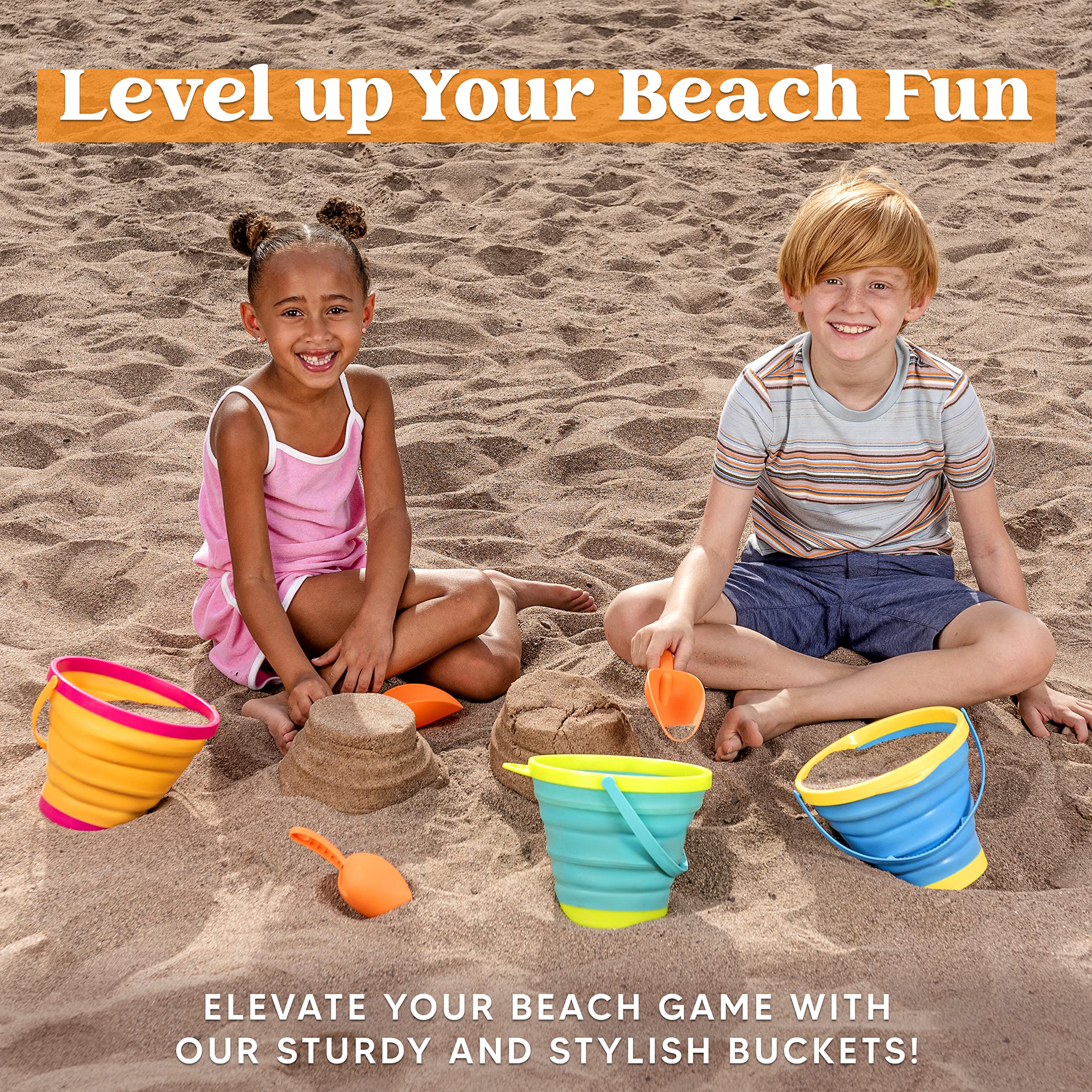 Bright JOYIN pails in yellow, blue, and green on the sand.