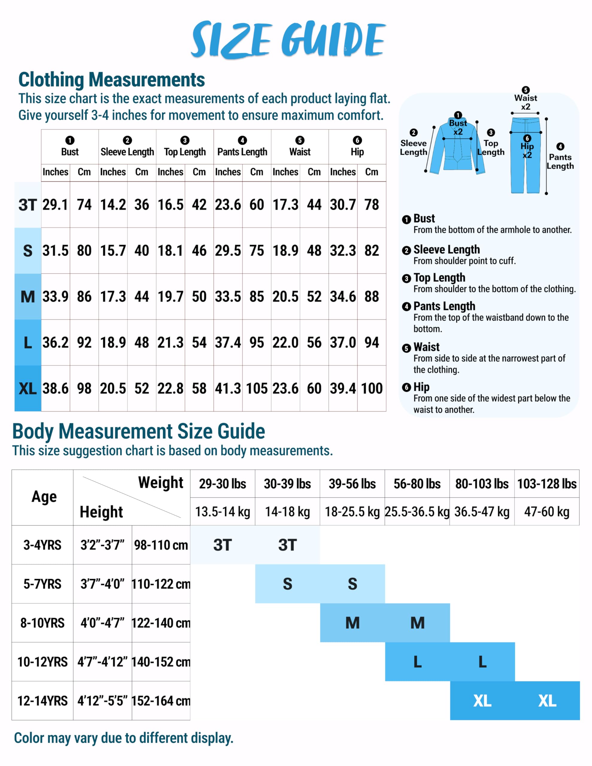 JOYIN size chart covers toddler to 14 years for growing children