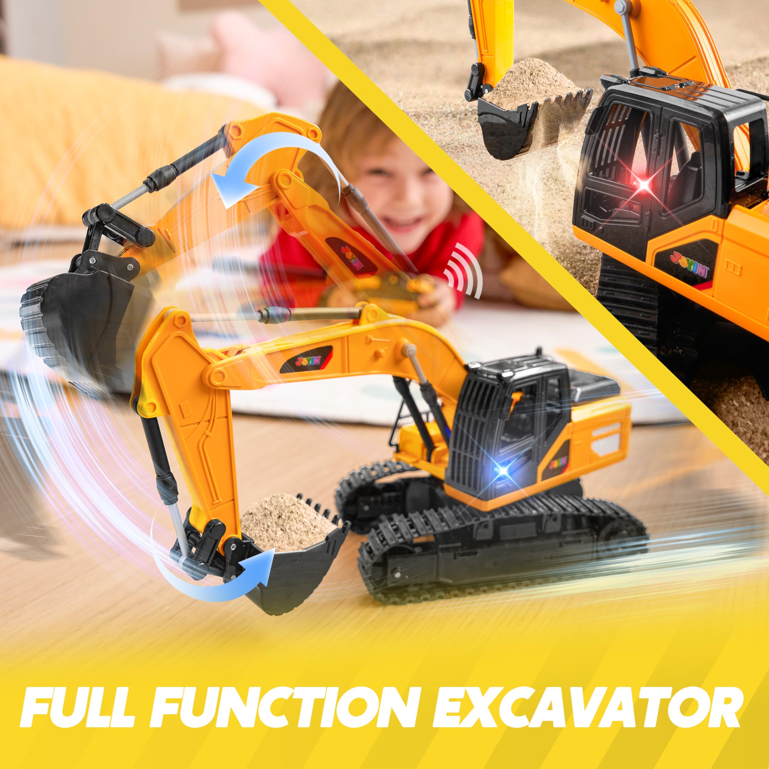 JOYIN remote control excavator toy side view showing realistic proportions.