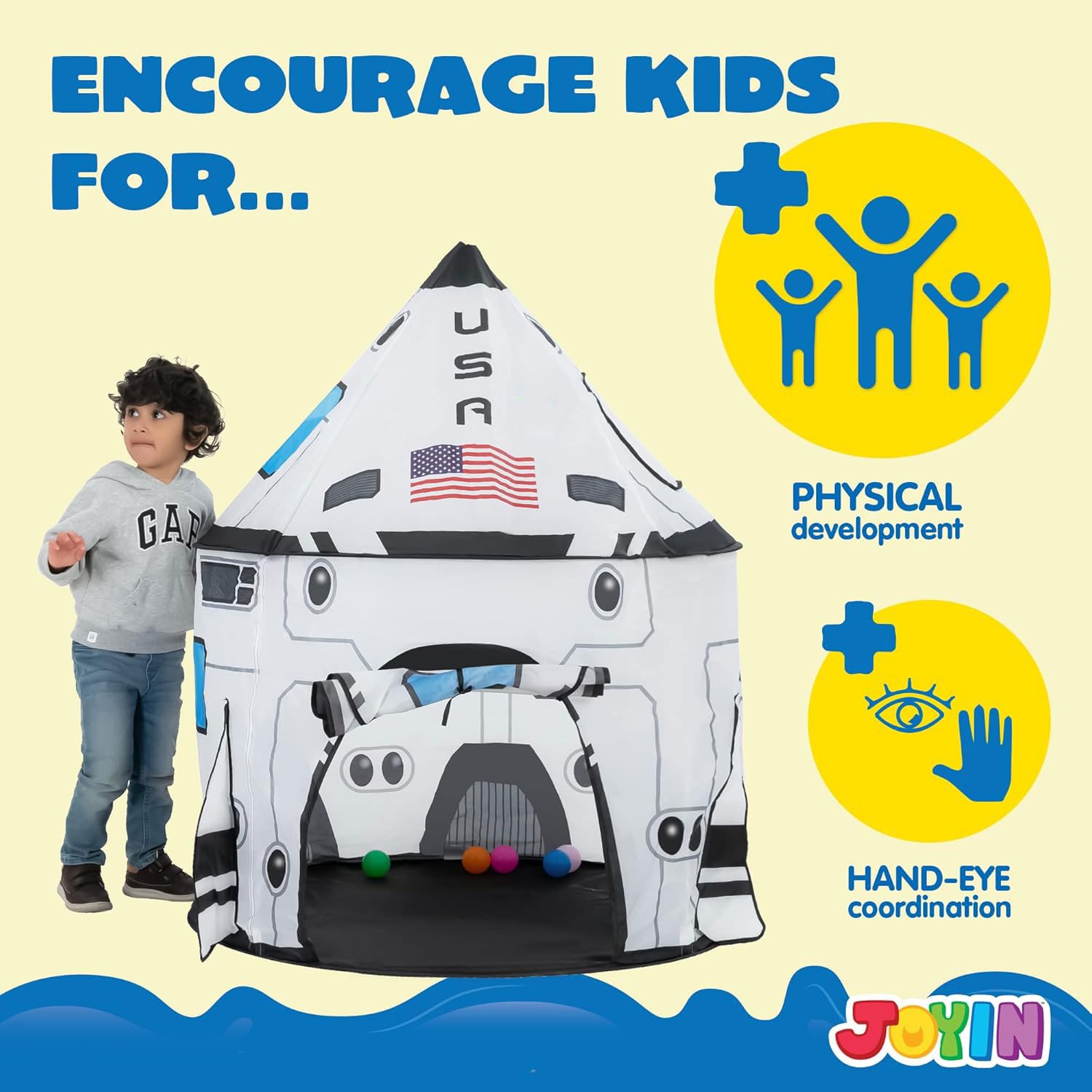 JOYIN rocket ship play tent easy-clean polyester surface