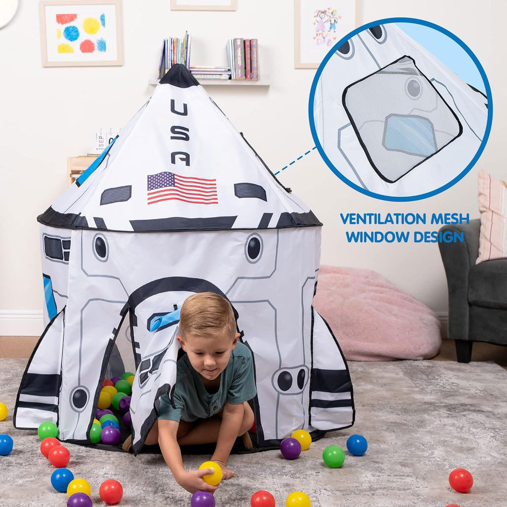 JOYIN rocket ship play tent tote shown for easy carry