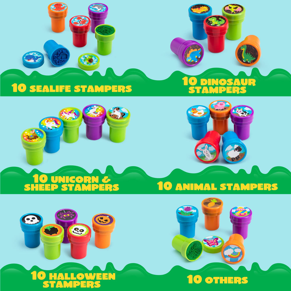 JOYIN self-ink stamps in vibrant colors for kids' art projects and mess-free stamping.