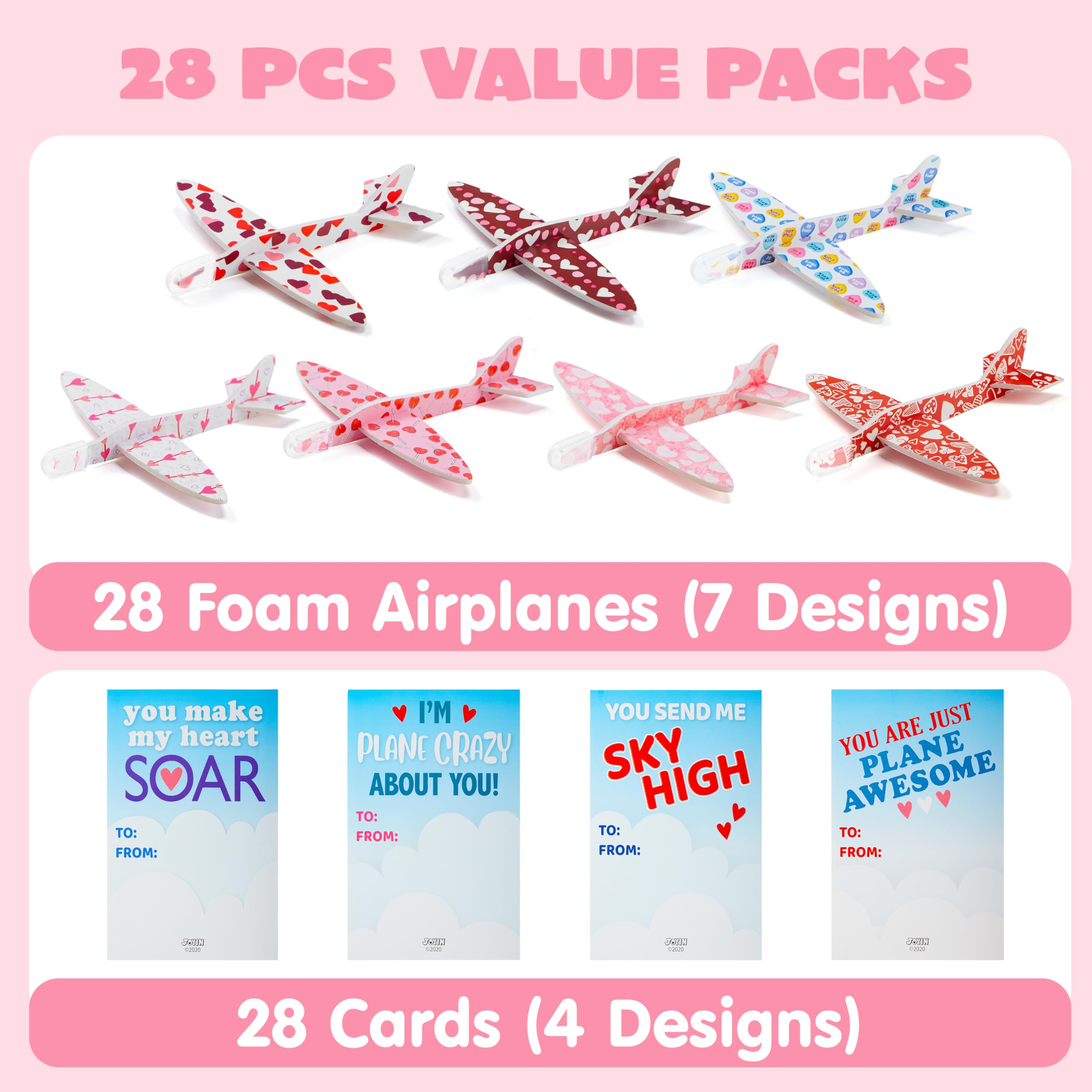 JOYIN seven-design valentines airplanes showcase variety for kids' parties.
