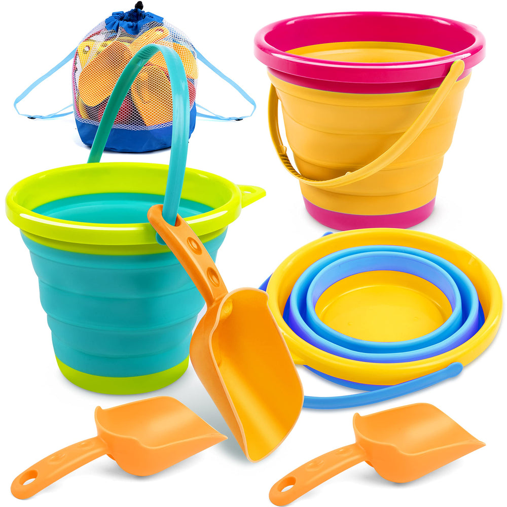 JOYIN three-pack foldable pails ready for beach fun and easy storage.