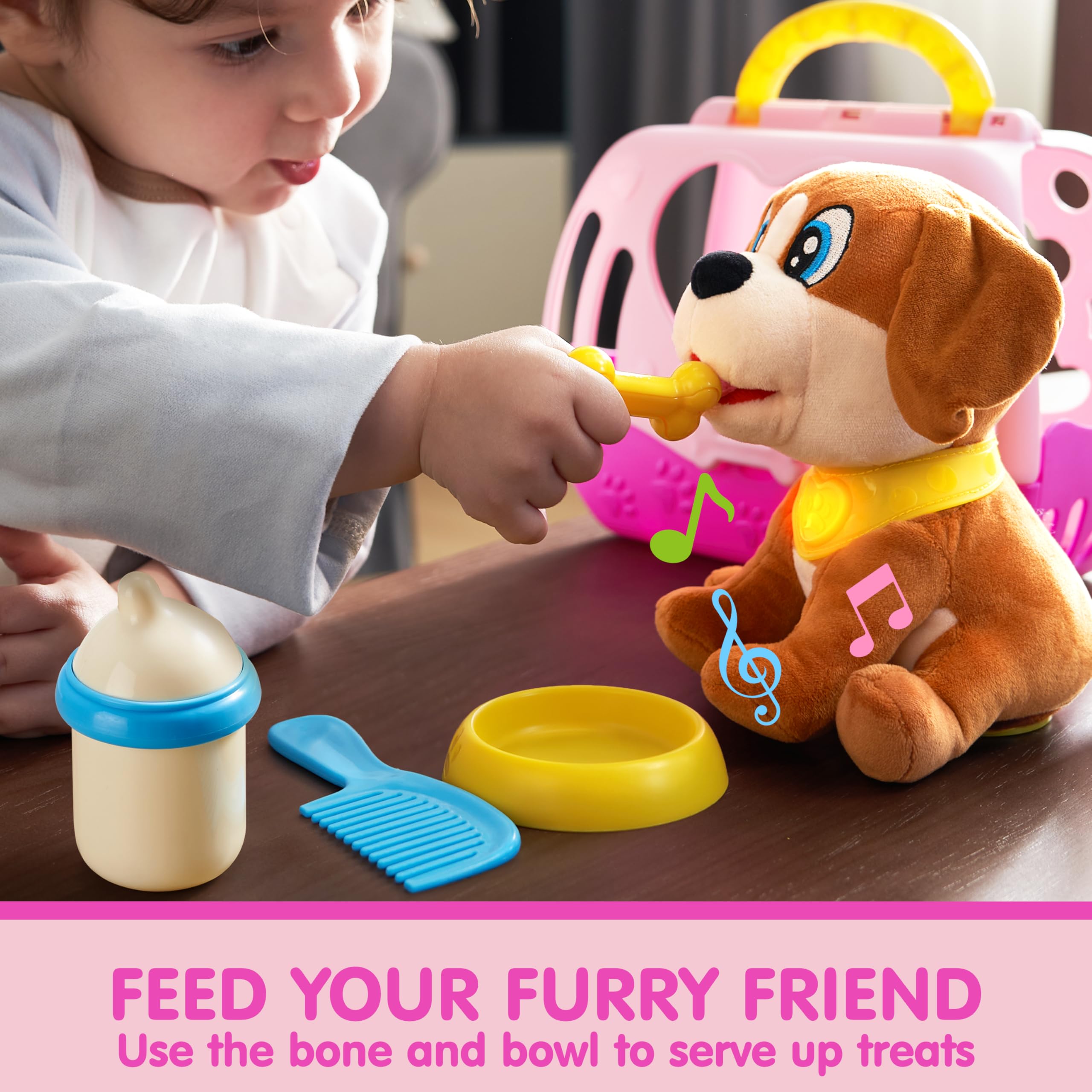 JOYIN plush dog with interactive music button for learning moments.