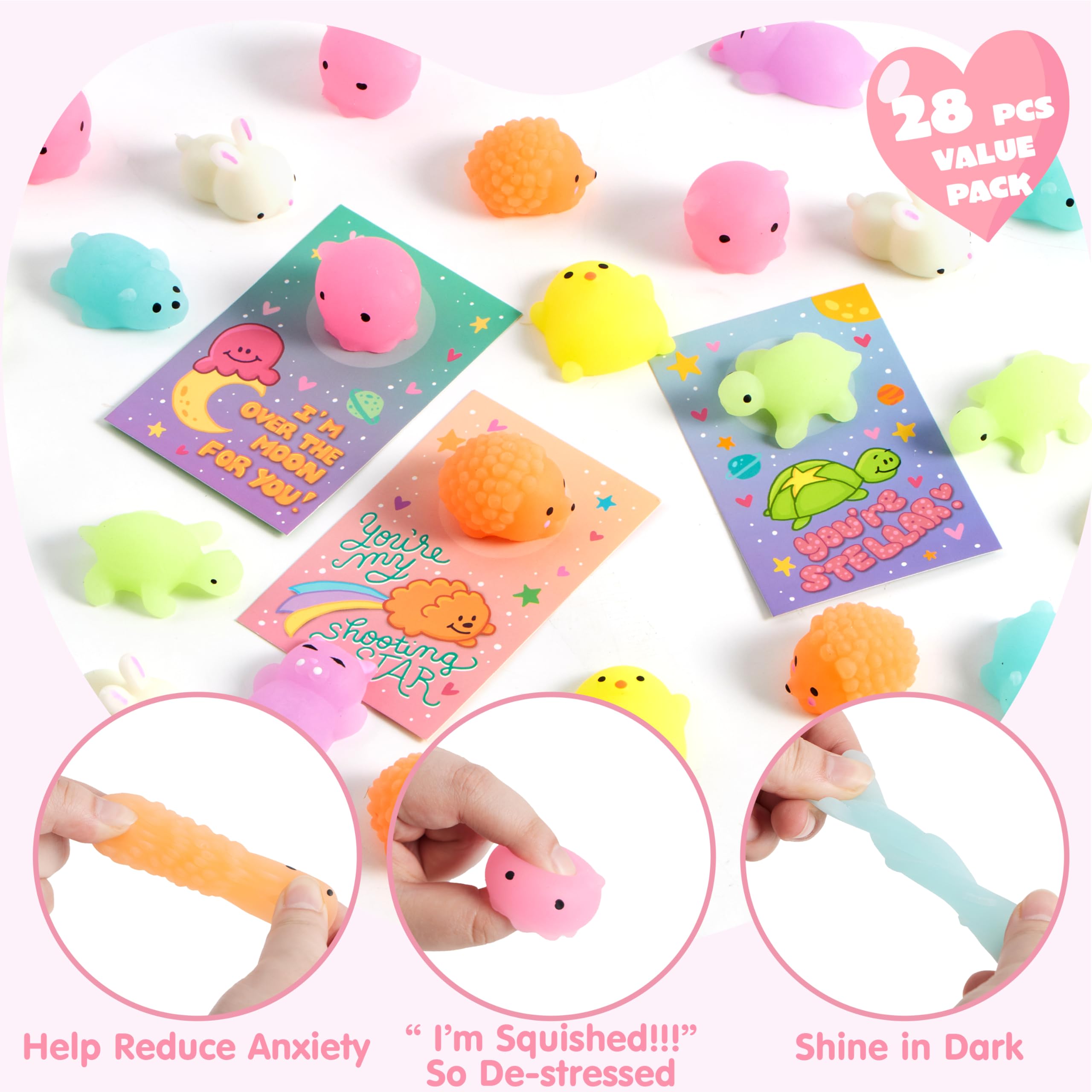 JOYIN Valentine exchange cards with squeezy mochi for party favors