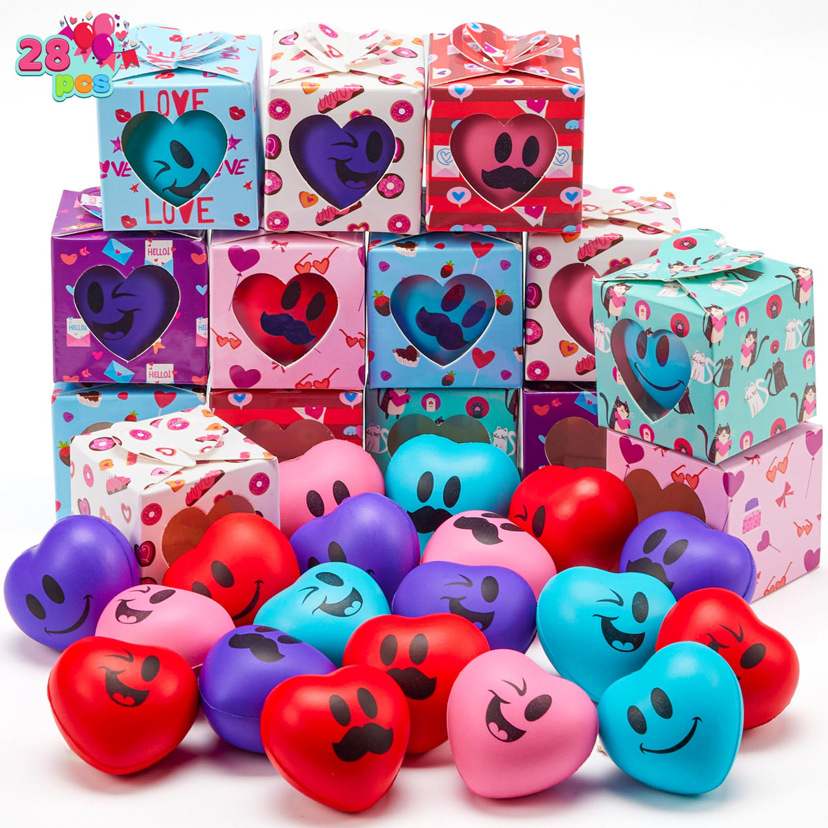 JOYIN Valentine heart stress ball in gift box with window, ideal for classroom decor.