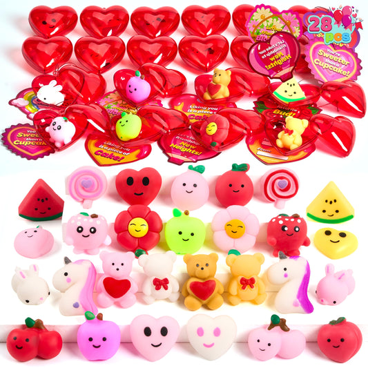 JOYIN Valentines 28-pack with mochi squishy toys for classroom exchanges.