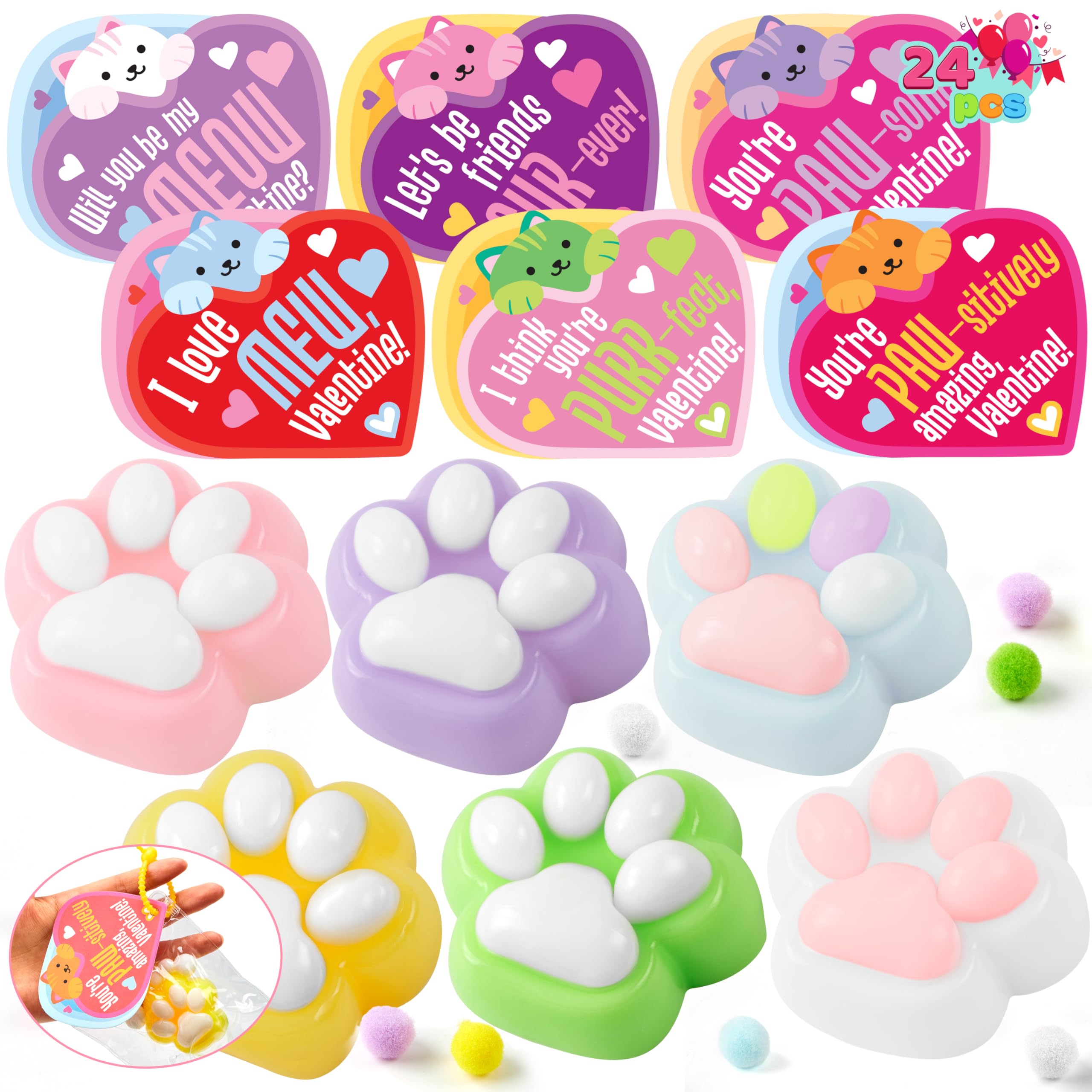 JOYIN valentines cat paw fidget toys in six colors, ideal classroom gifts.