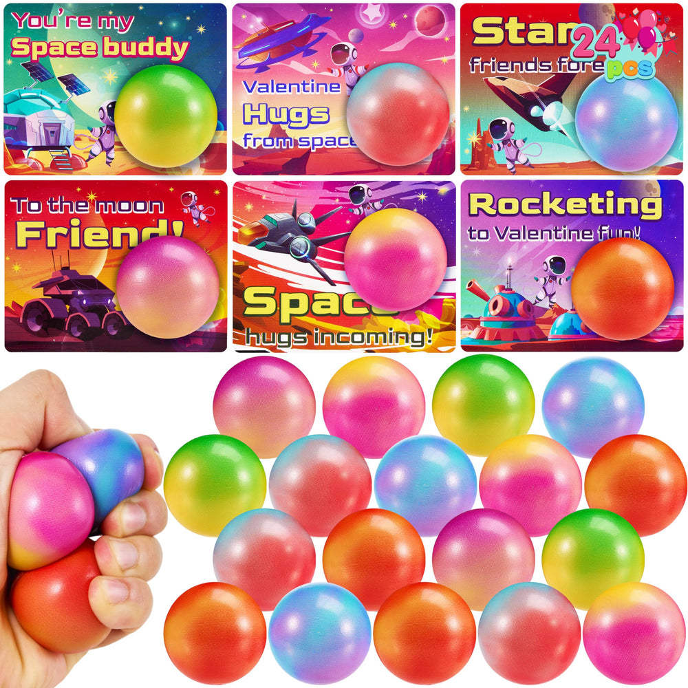 JOYIN valentines day stress balls 24-pack in galaxy colors for classroom gifts.