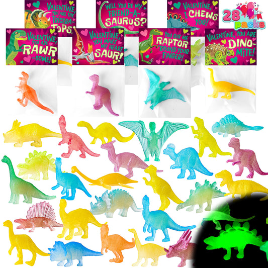 JOYIN glow in the dark valentines dinosaurs shown in a multi pack gift set for classrooms.