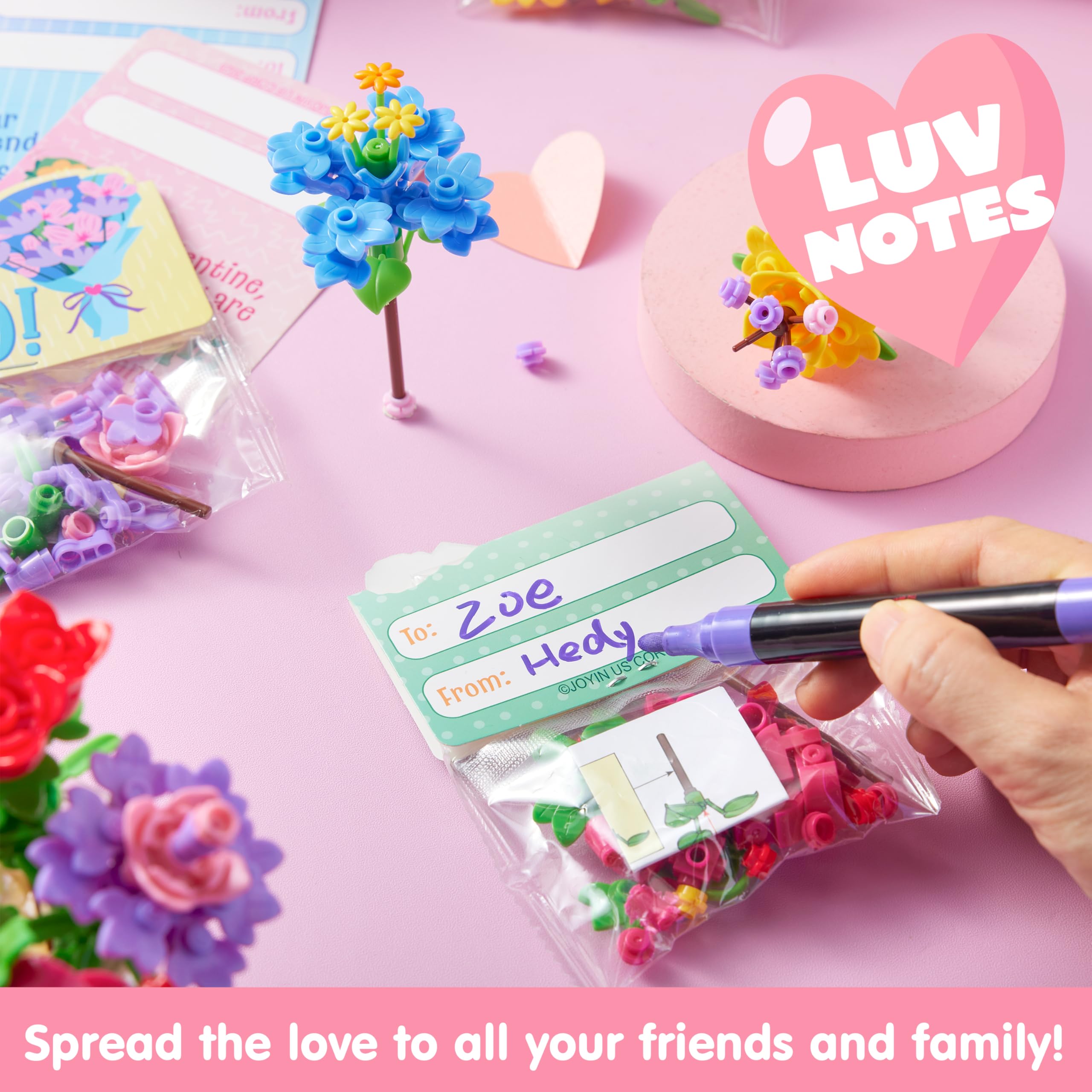 JOYIN Valentine’s flower bouquet blocks design-06 includes matching cards for easy labeling.