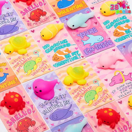 JOYIN valentines mochi sea animals card with glitter squishy toy for classroom prizes