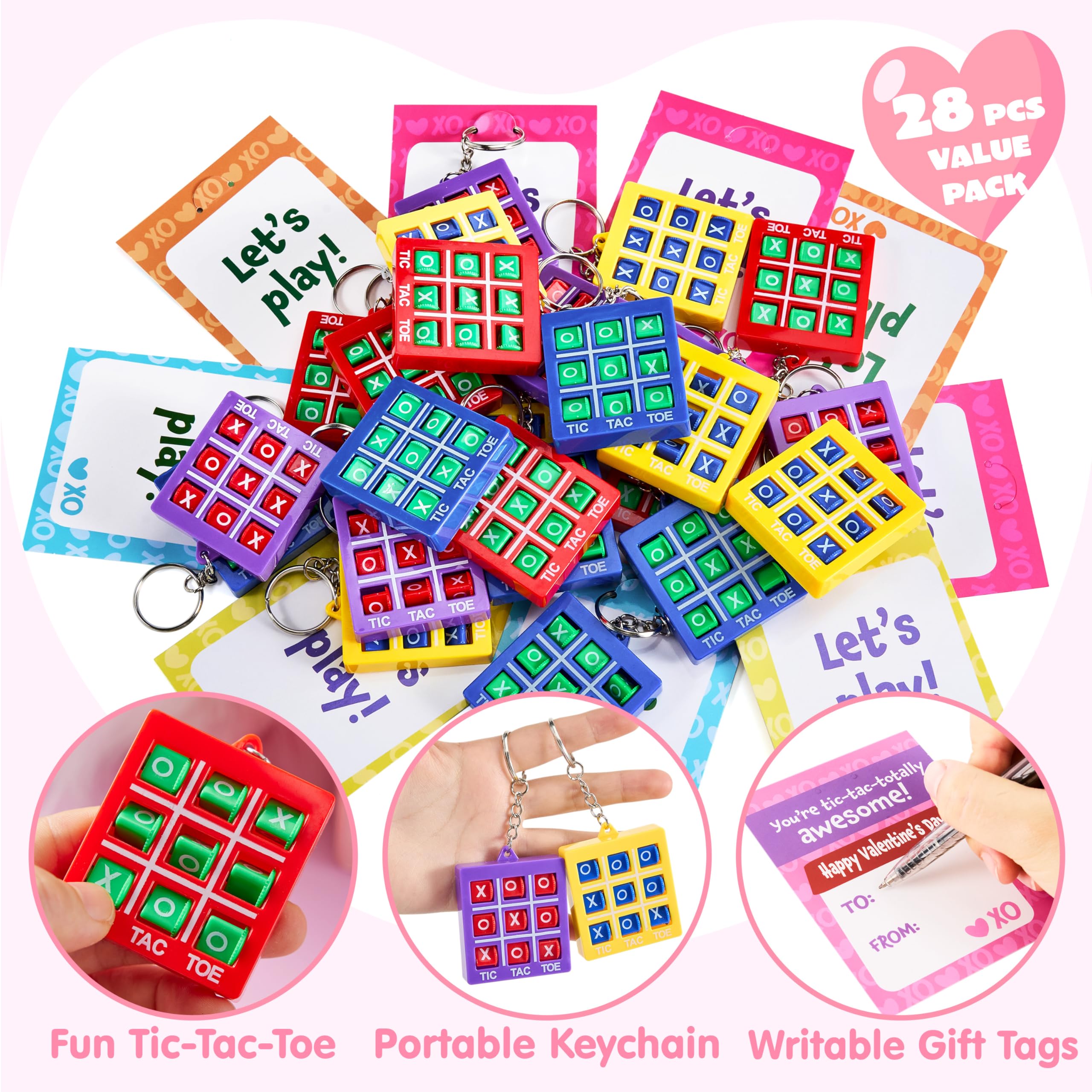 JOYIN Valentine tictac-toe keychain close-up showing durable, kid-safe hardware.