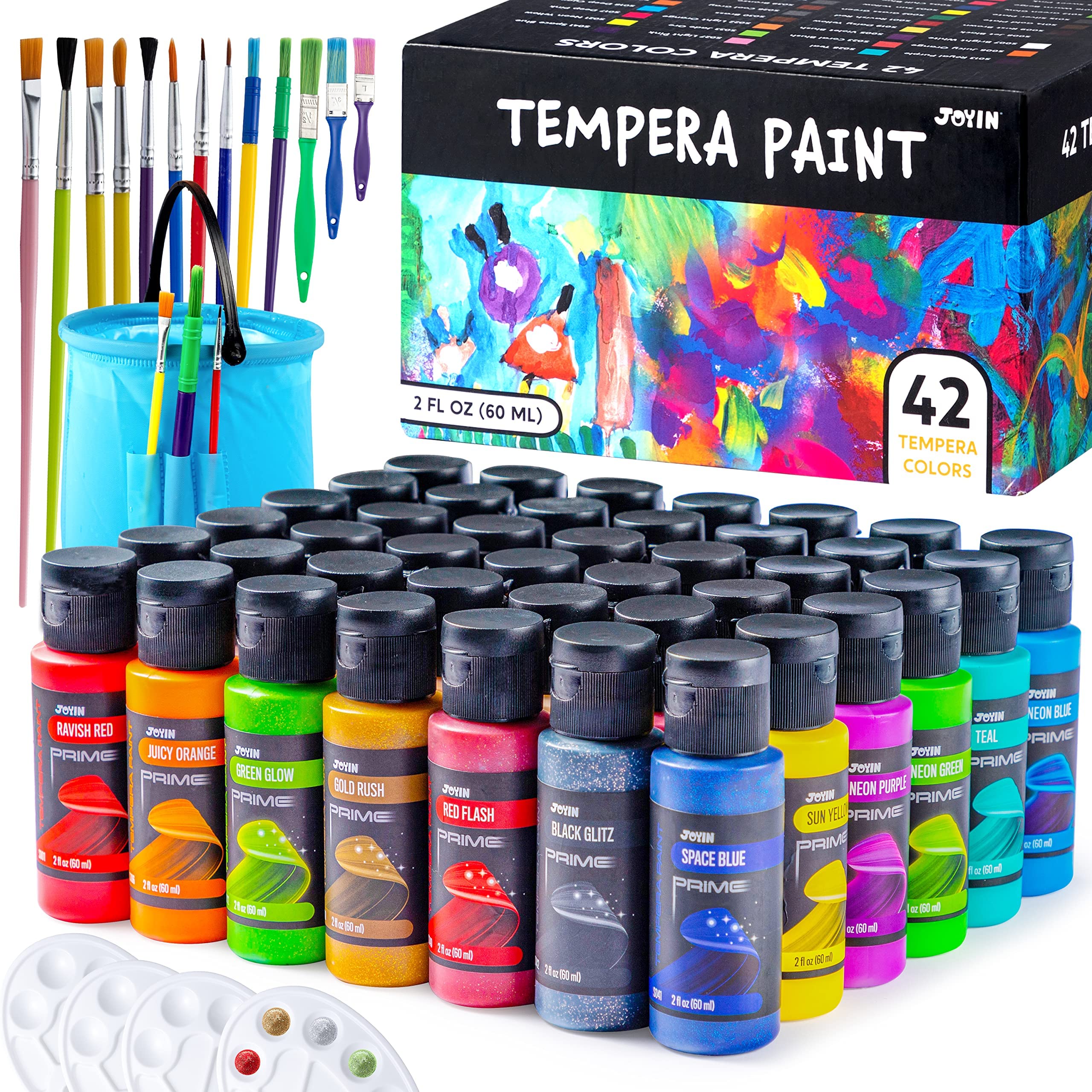 JOYIN washable tempera paint set with 42 colors in clear squeeze bottles for mess-free projects.