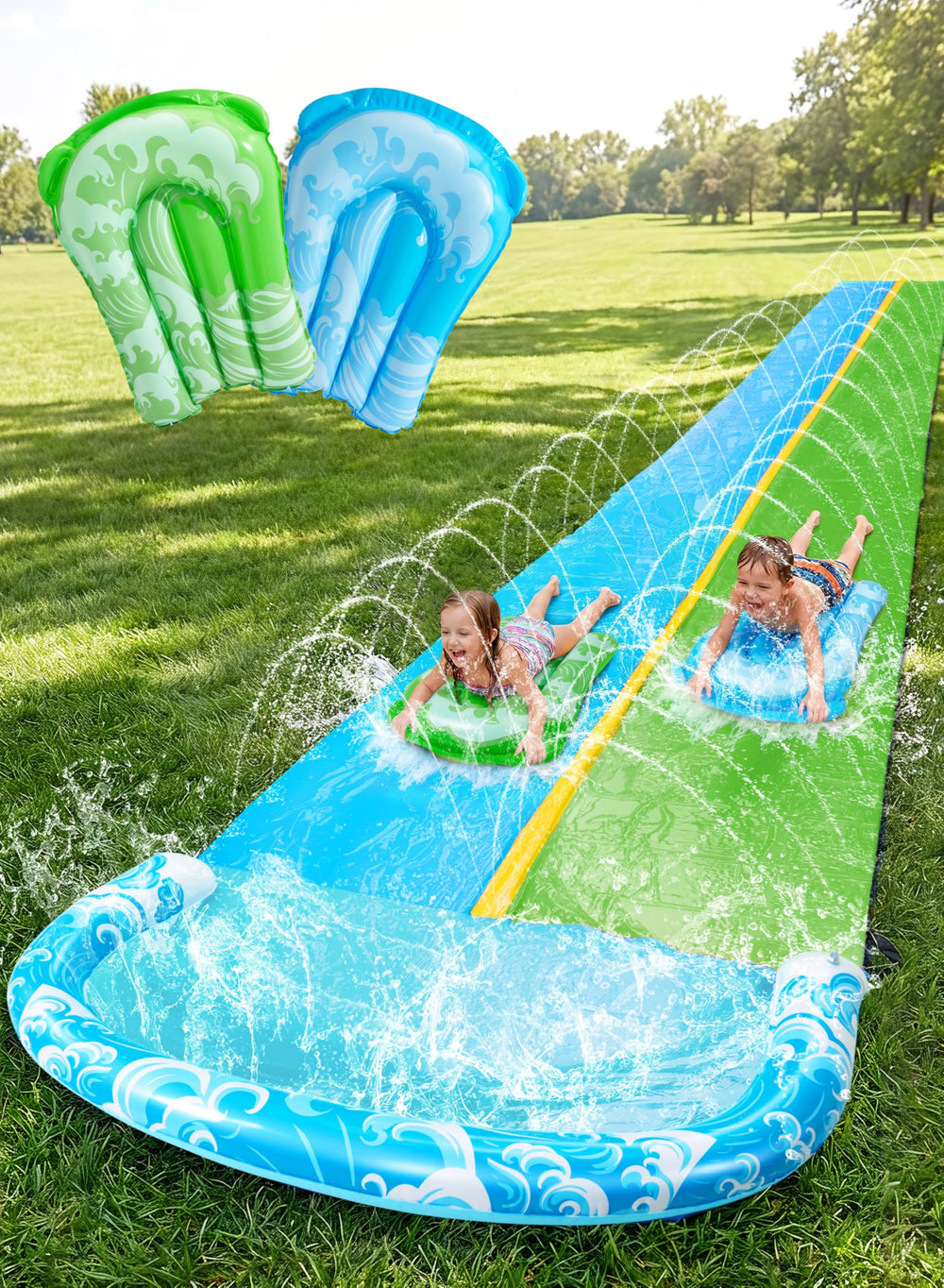 JOYIN water slide 22.5ft double-lawn slide for family backyard fun.