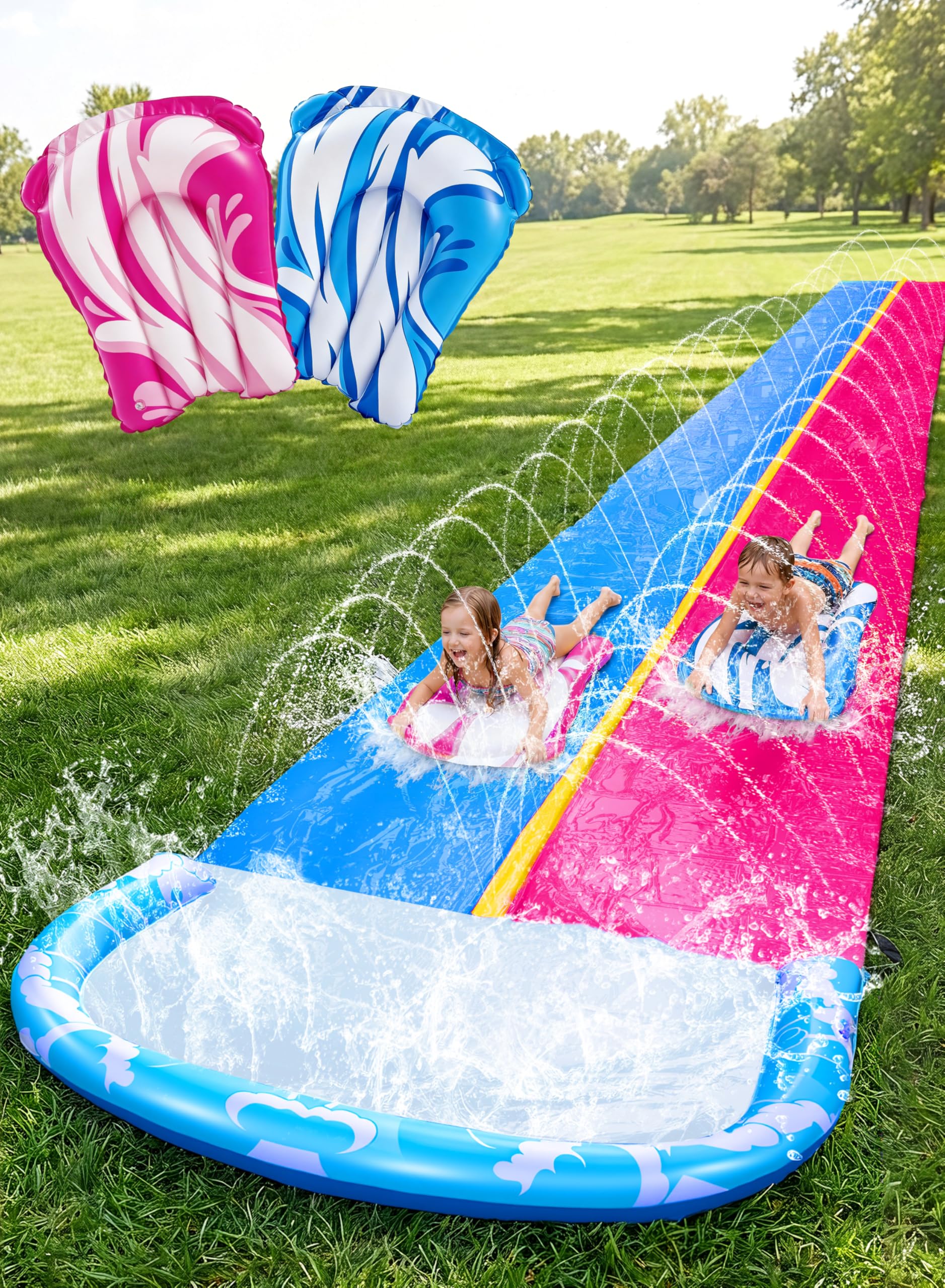 JOYIN pink and blue water slide with sprinkler for backyard fun