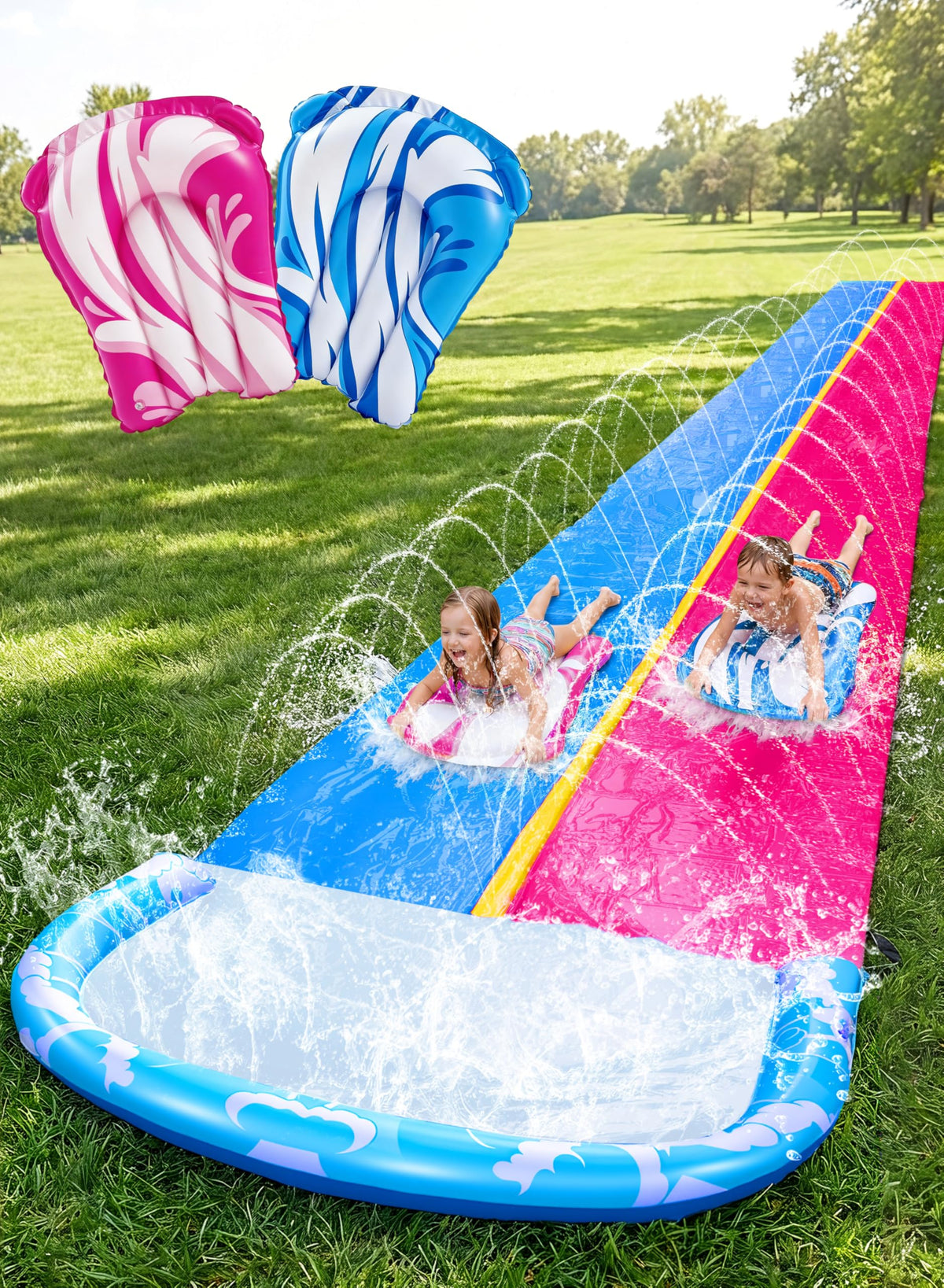 JOYIN pink and blue water slide with sprinkler for backyard fun