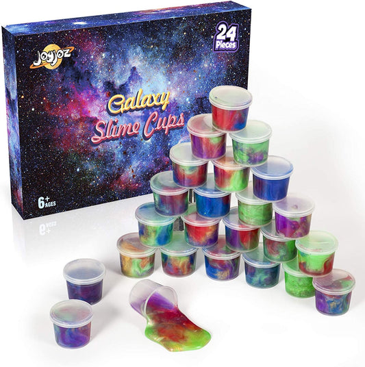 Joyjoz Galaxy Slime 24-pack in bright colors, ideal for party favors and creative play.