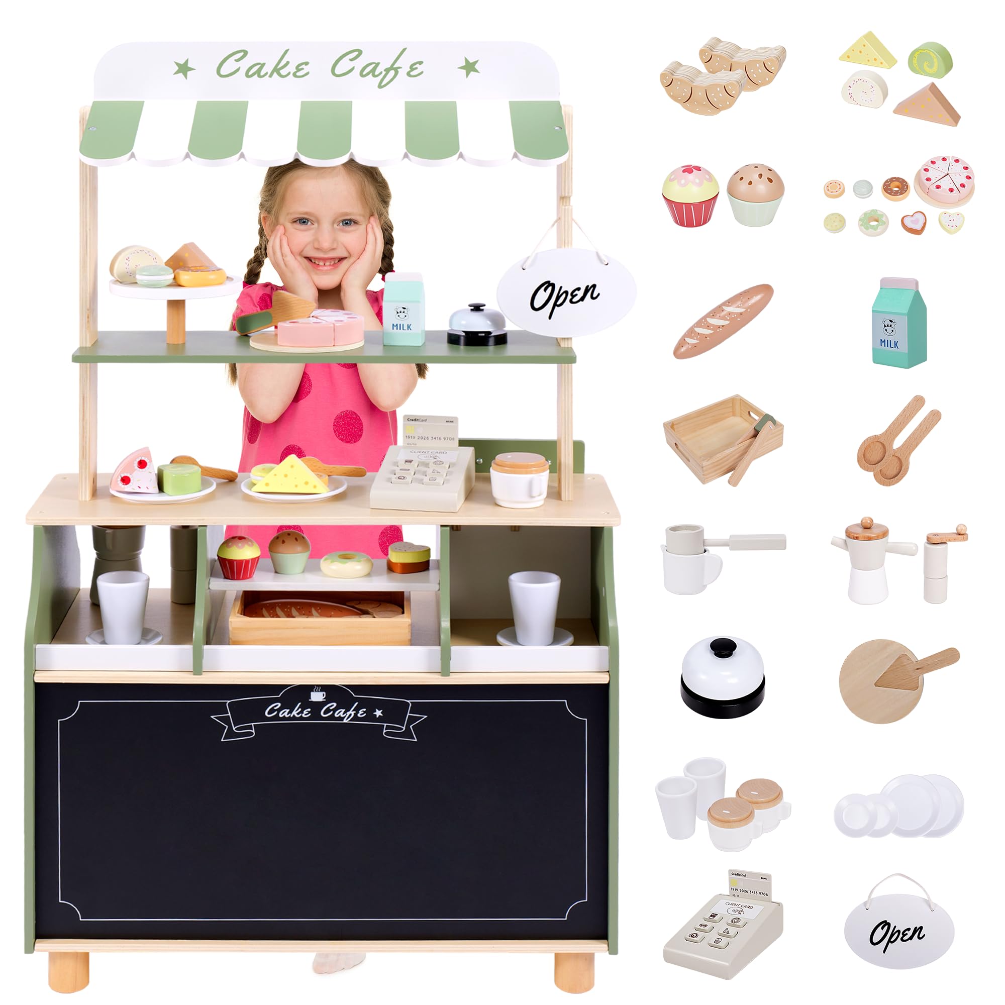 Joylike wooden coffee shop play set counter for imaginative cafe roleplay.