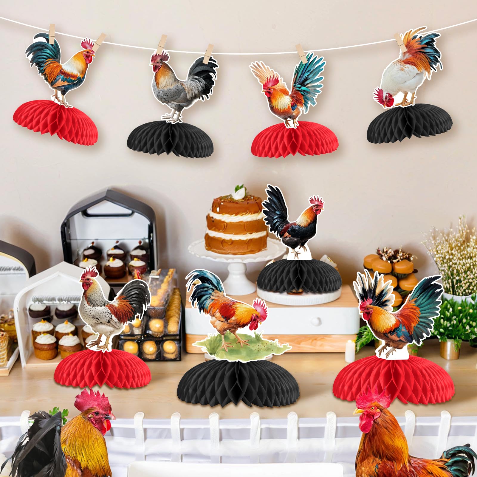 JOYMEMO rooster honeycomb centerpiece style4 includes easy assembly for quick party setup.