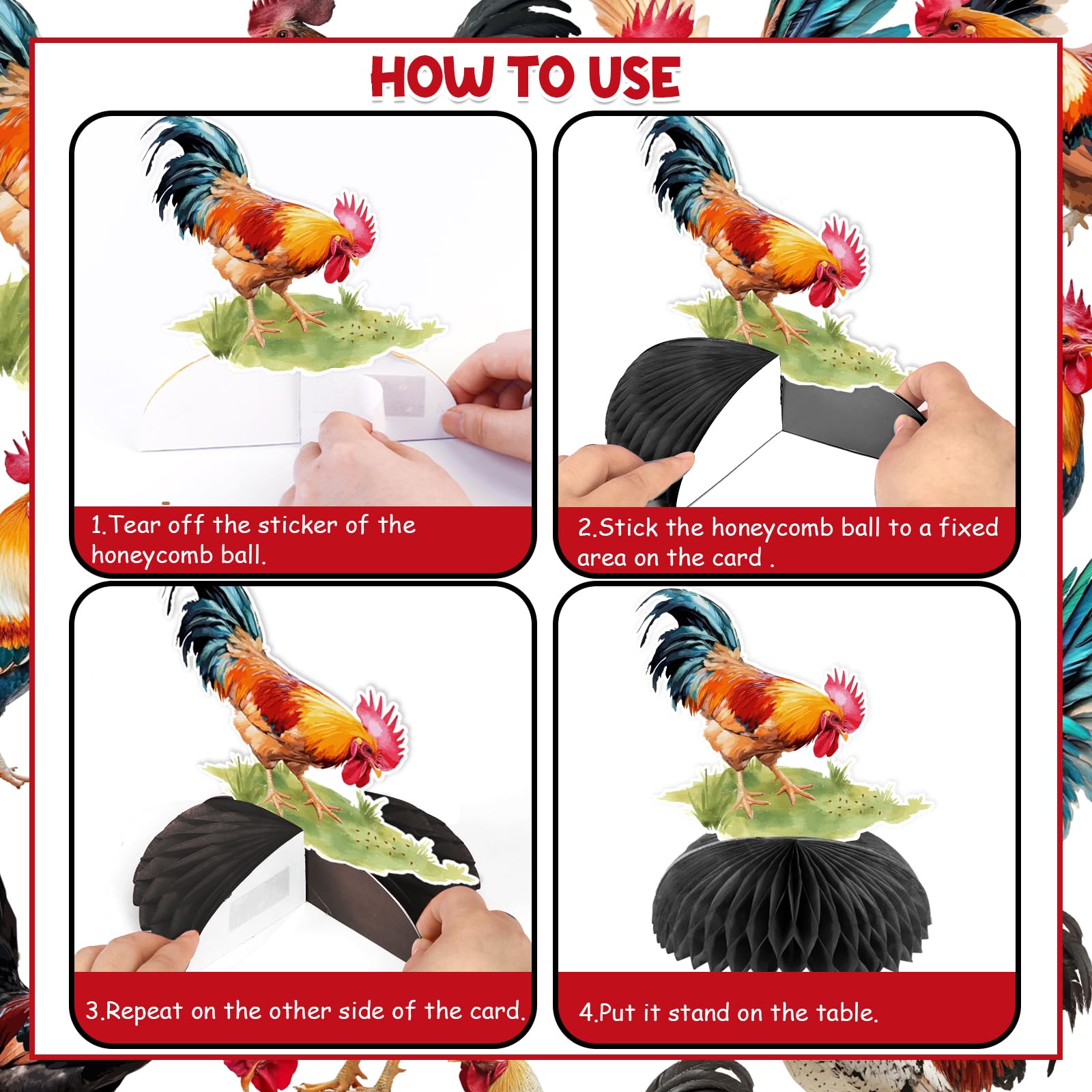 JOYMEMO rooster honeycomb centerpiece style5 complements red and black color schemes.