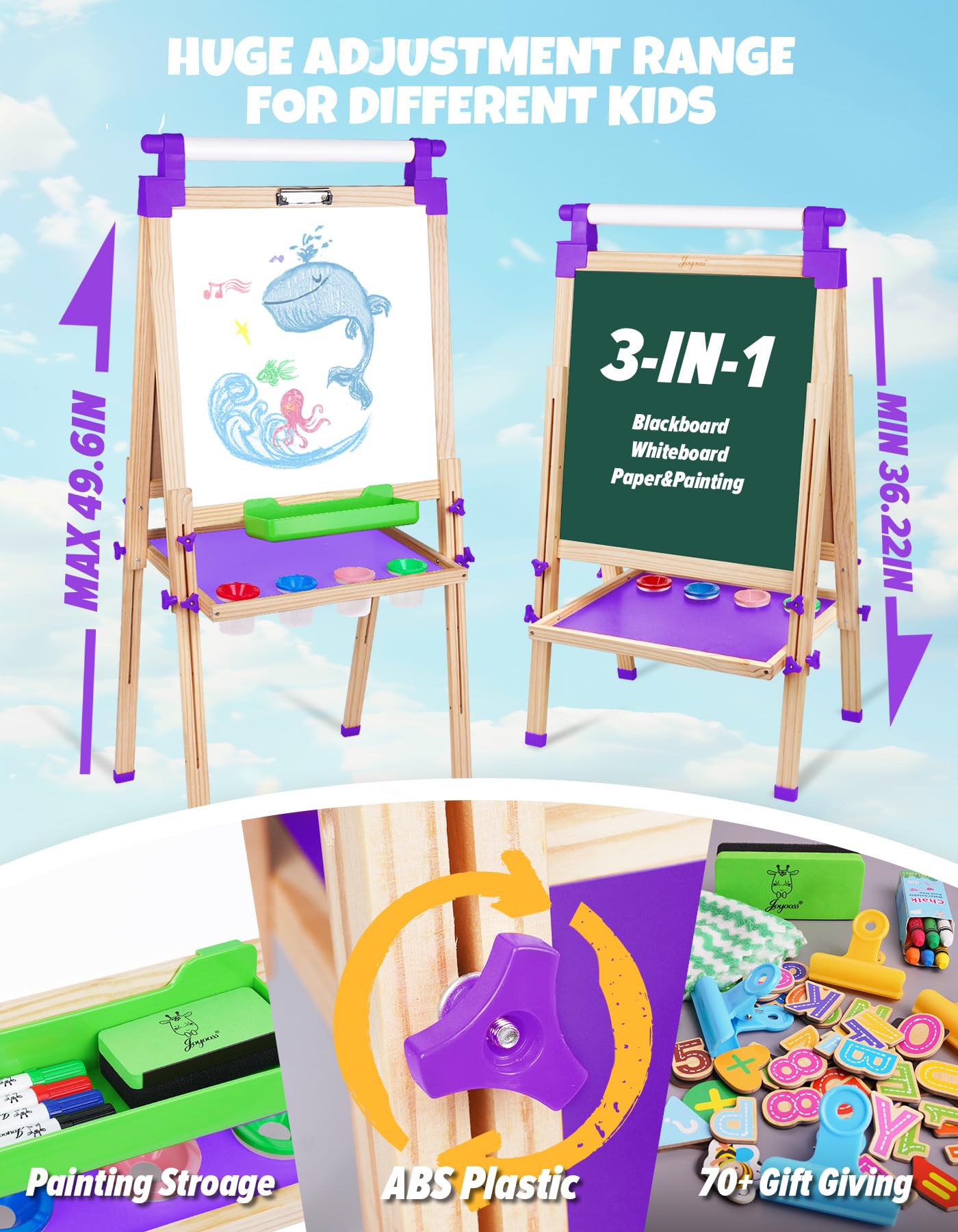 JOYOOSS adjustable-height art easel showing height range for growing kids.