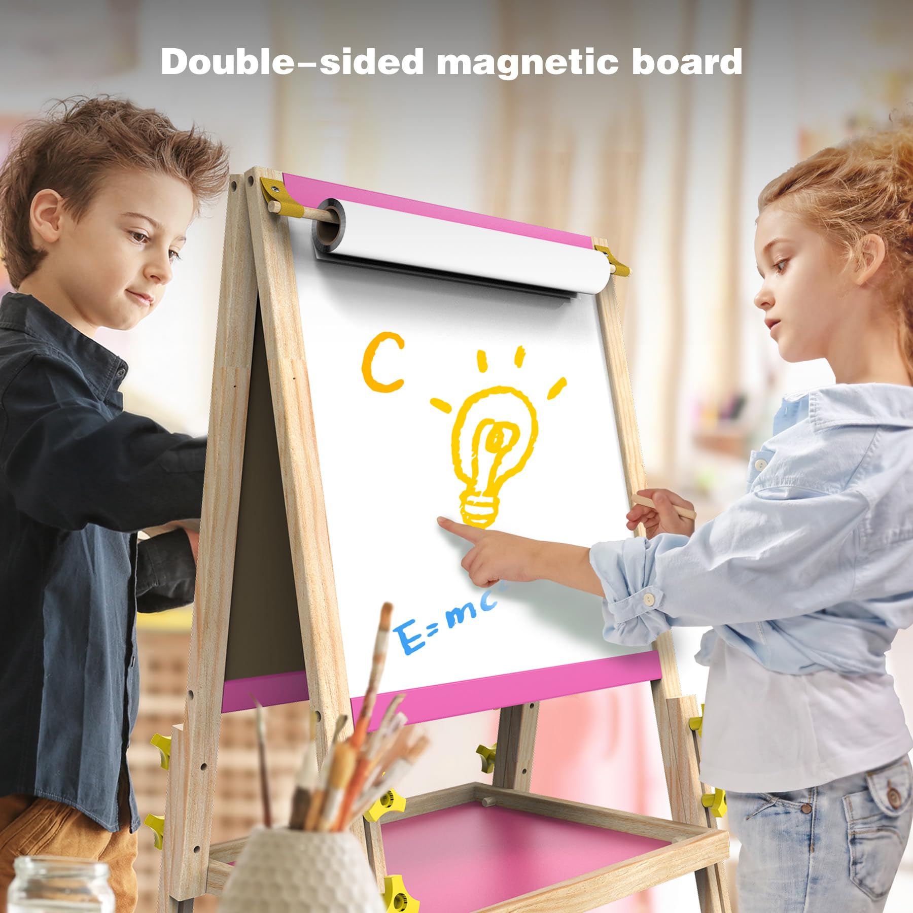 JOYOOSS wooden easel keeps art supplies within reach with magnetic buttons and included accessories.