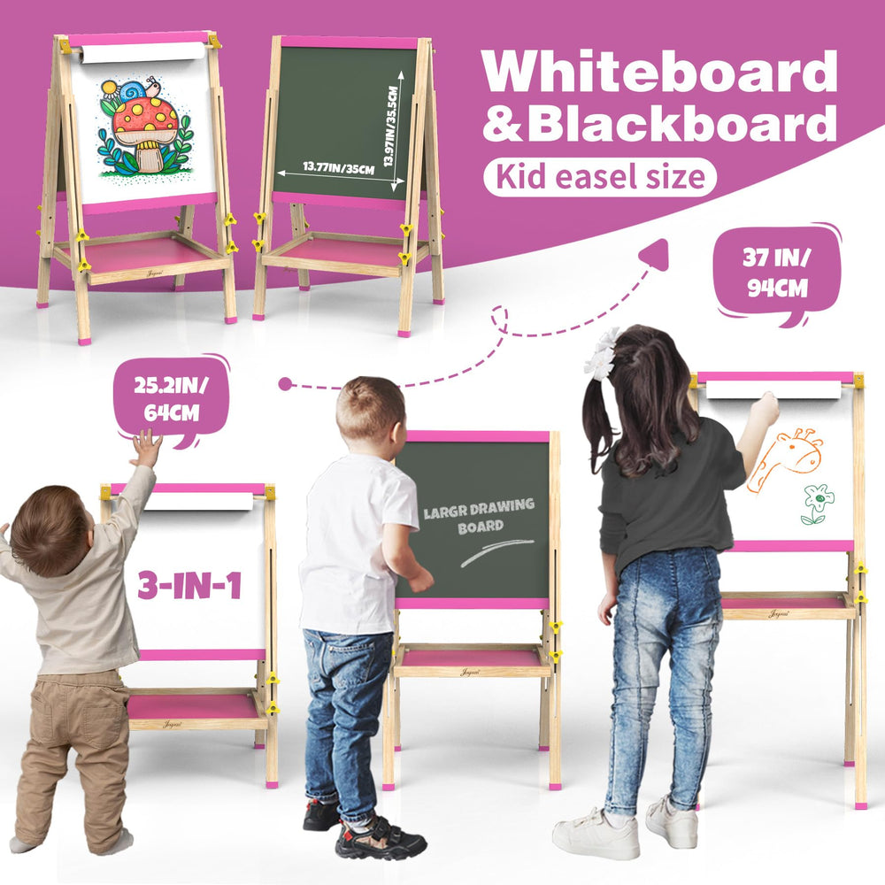 JOYOOSS double-sided magnetic board easel supports whiteboard and chalkboard for versatile creativity.